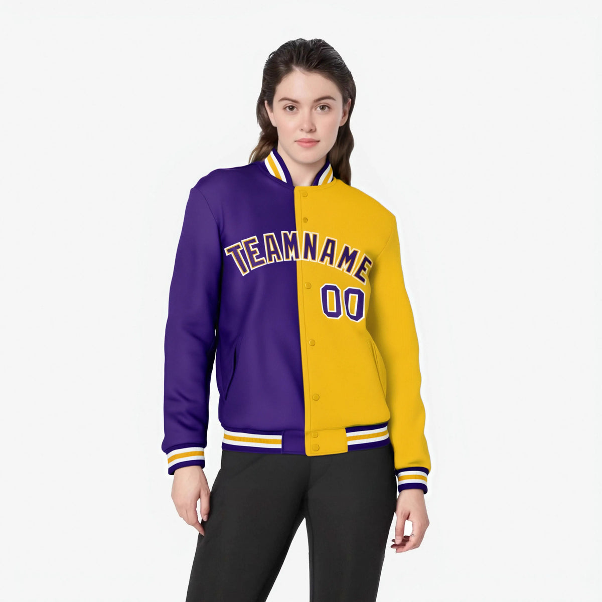 Custom Purple White Yellow Bomber Full-Snap Varsity Letterman Split Fashion Jacket
