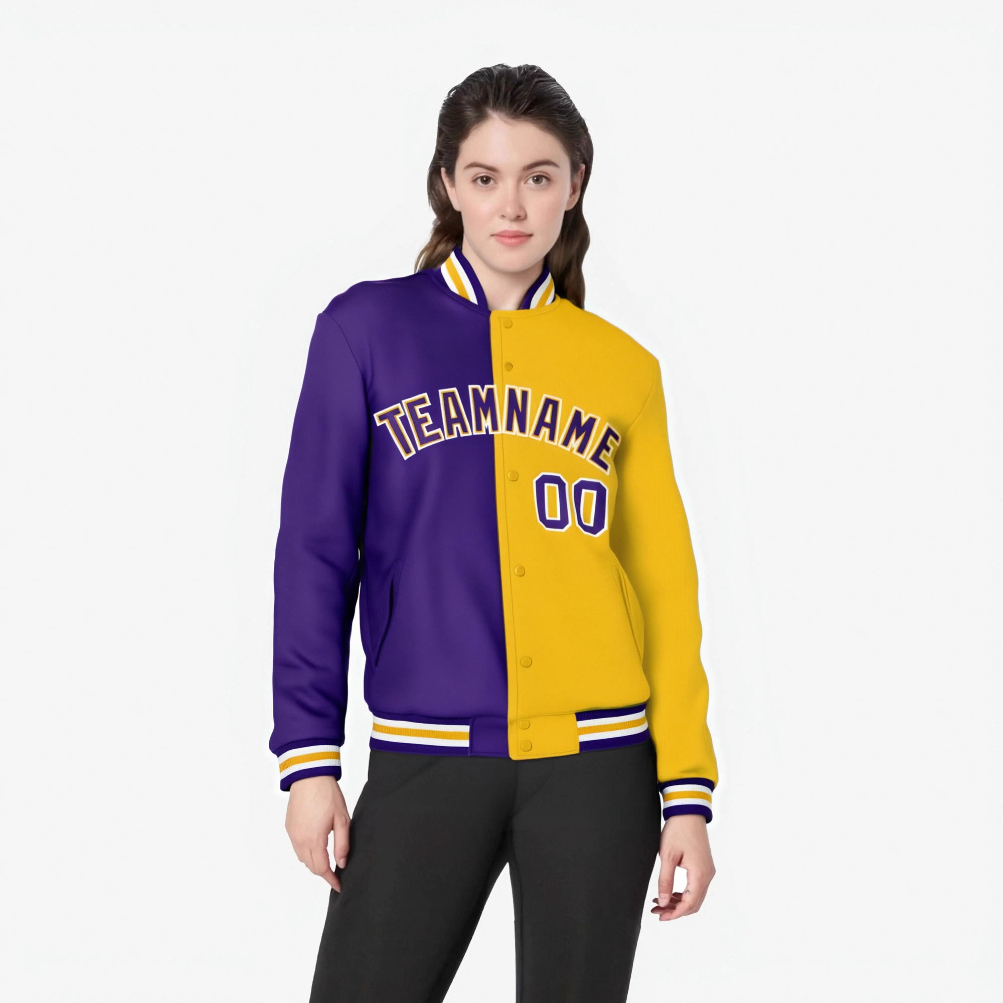 Custom Purple White Yellow Bomber Full-Snap Varsity Letterman Split Fashion Jacket