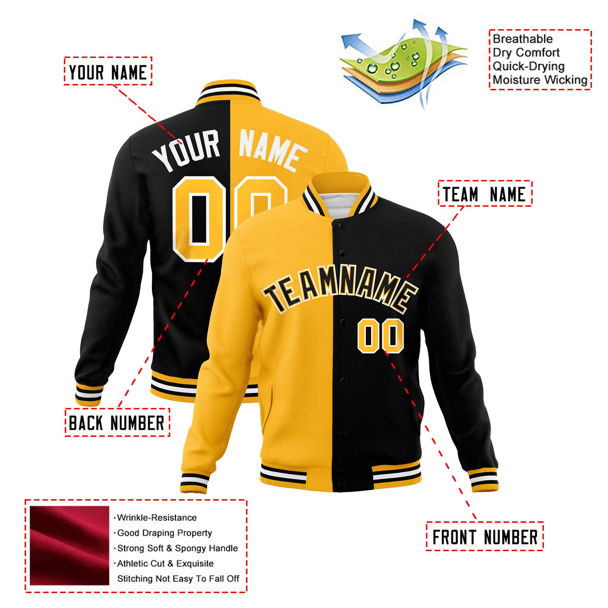 Custom Yellow White Black Bomber Full-Snap Varsity Letterman Split Fashion Jacket