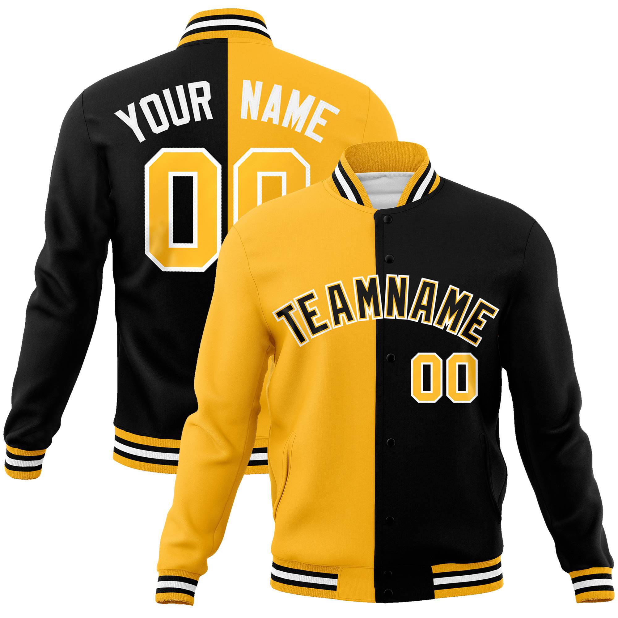 Custom Yellow White Black Bomber Full-Snap Varsity Letterman Split Fashion Jacket