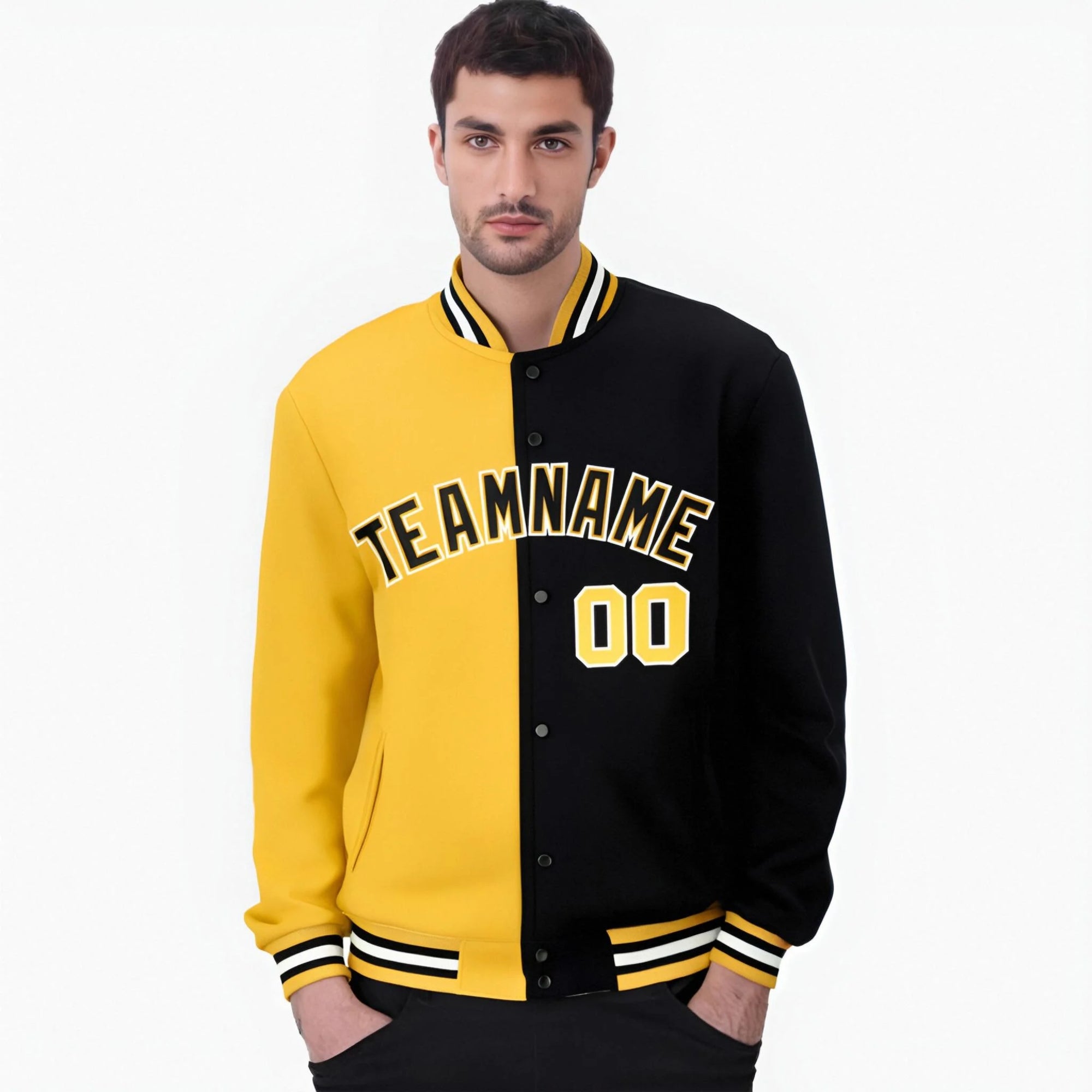 Custom Yellow White Black Bomber Full-Snap Varsity Letterman Split Fashion Jacket