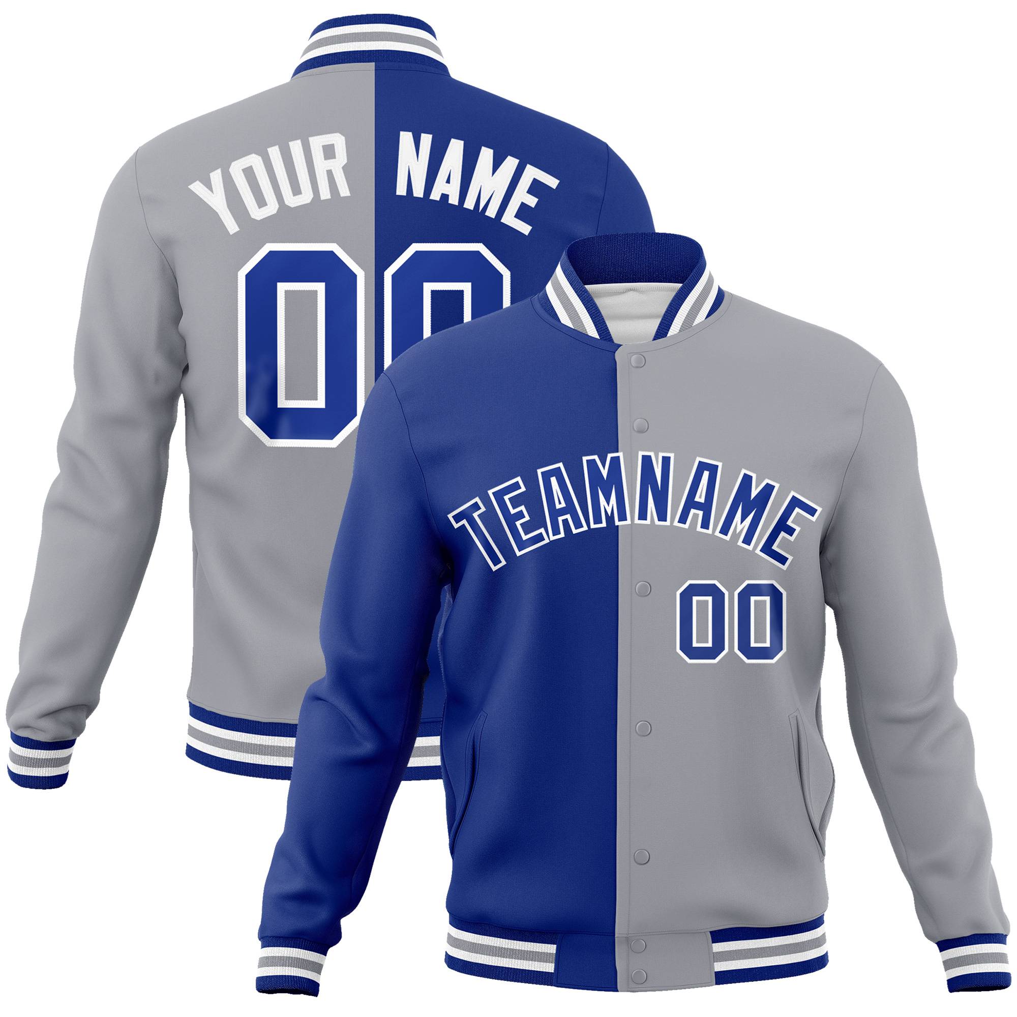 Custom Thunder-Blue White Gray Bomber Full-Snap Varsity Letterman Split Fashion Jacket