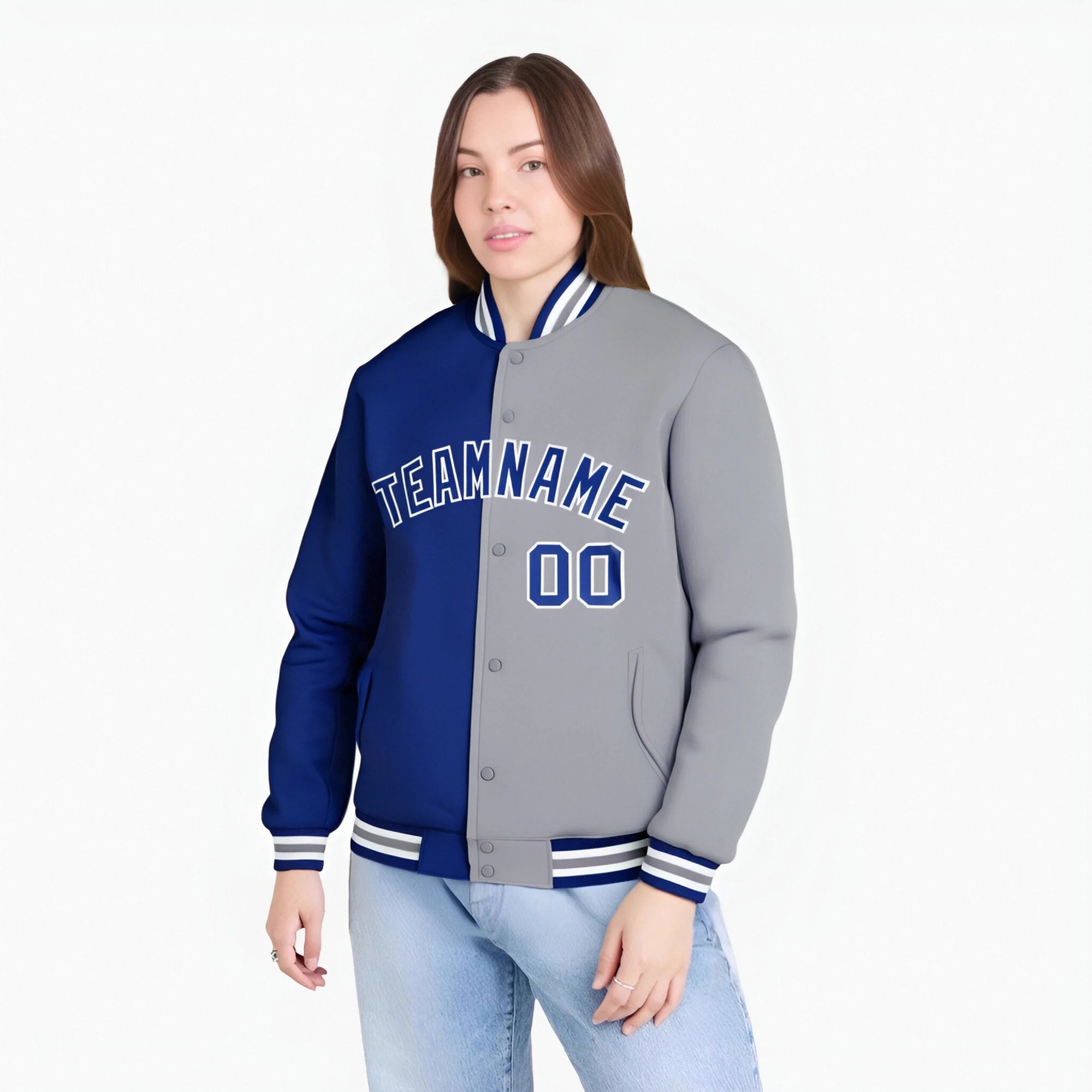 Custom Thunder-Blue White Gray Bomber Full-Snap Varsity Letterman Split Fashion Jacket