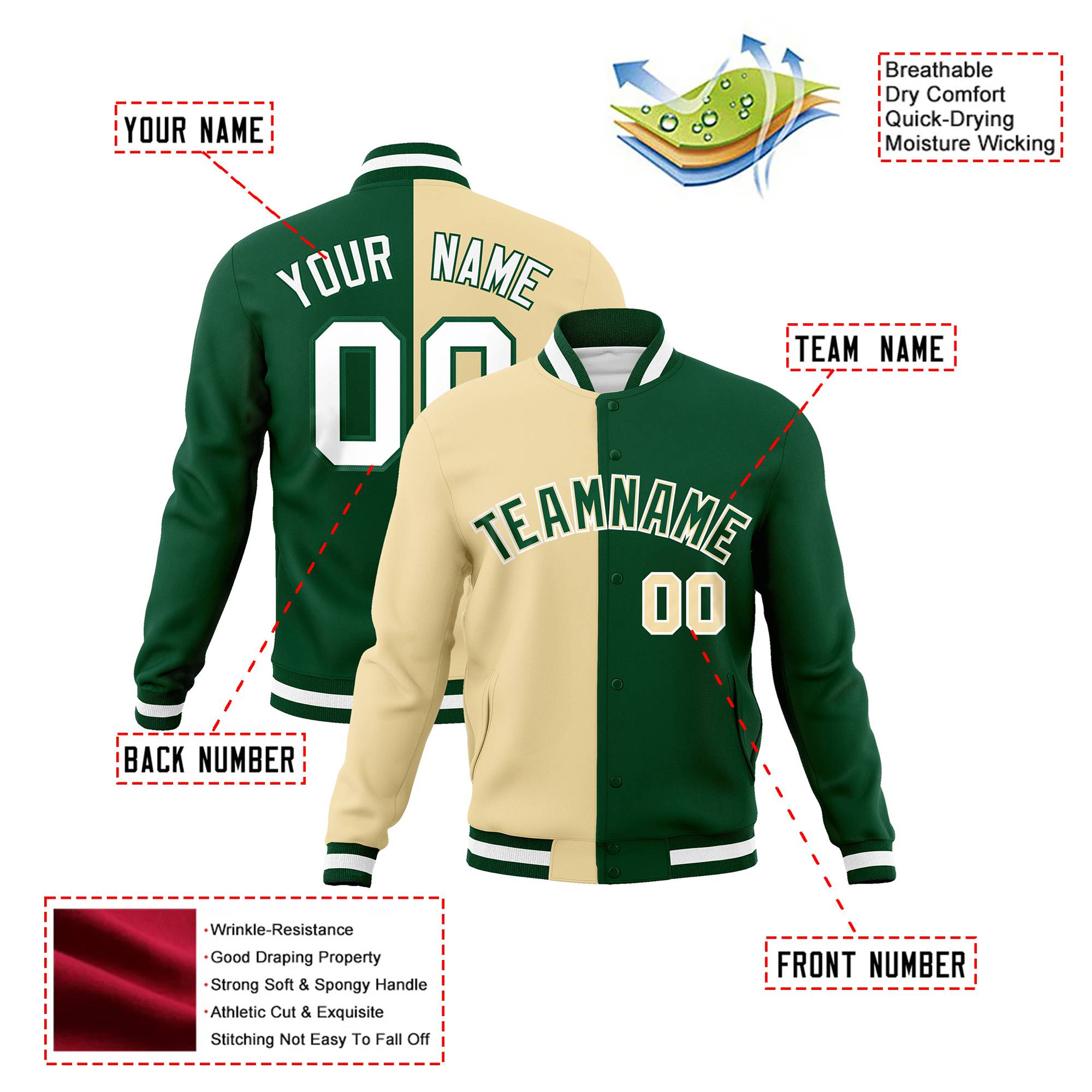 Custom Cream White Kelly-Green Bomber Full-Snap Varsity Letterman Split Fashion Jacket