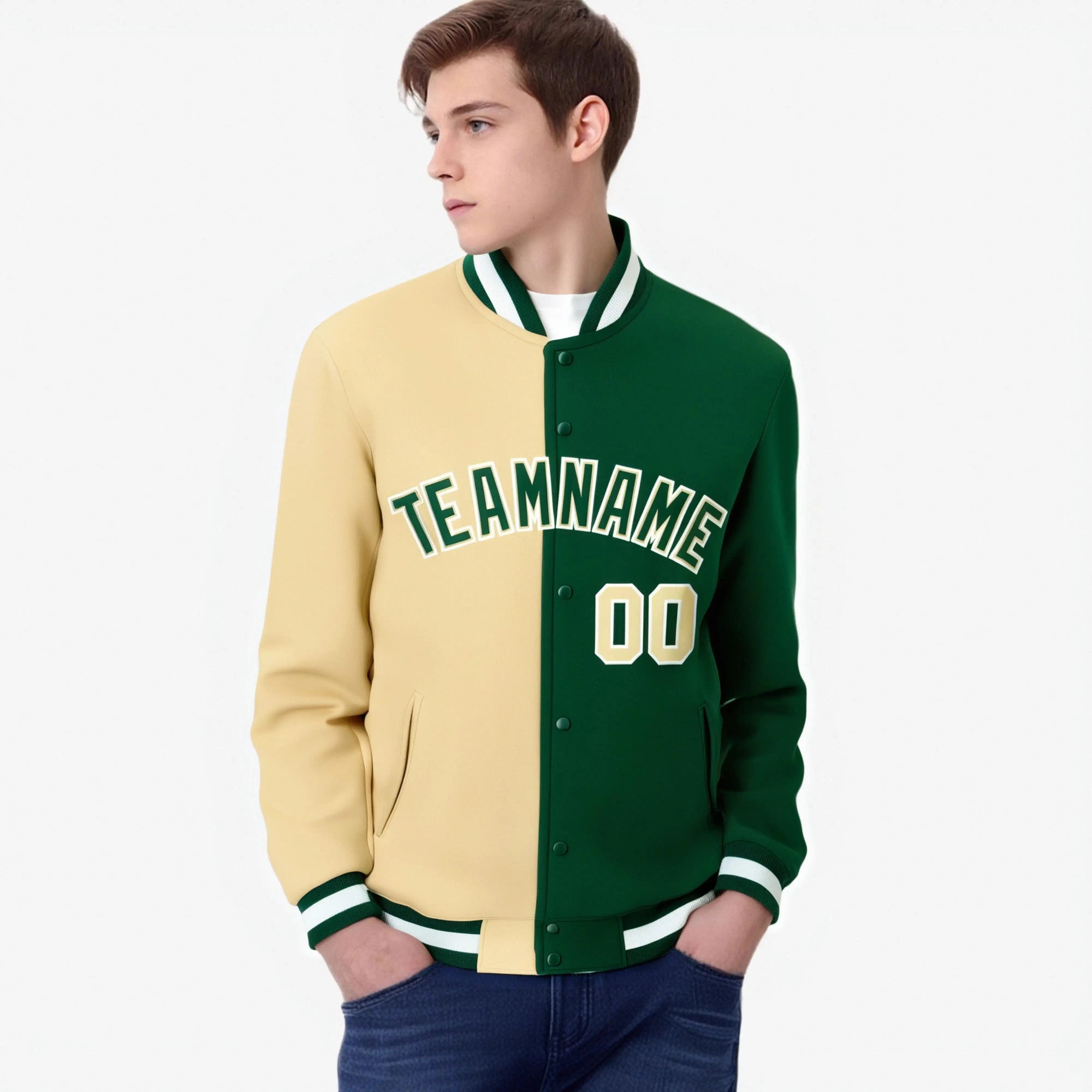 Custom Cream White Kelly-Green Bomber Full-Snap Varsity Letterman Split Fashion Jacket