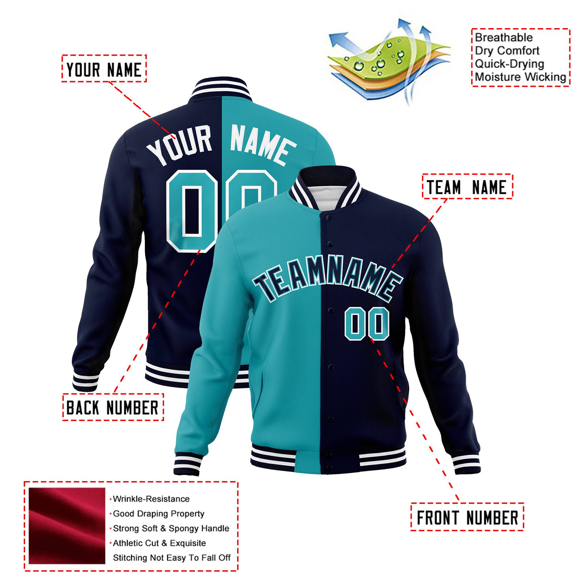 Custom Aqua White Navy Bomber Full-Snap Varsity Letterman Split Fashion Jacket