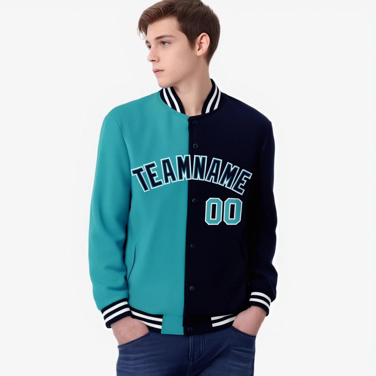 Custom Aqua White Navy Bomber Full-Snap Varsity Letterman Split Fashion Jacket