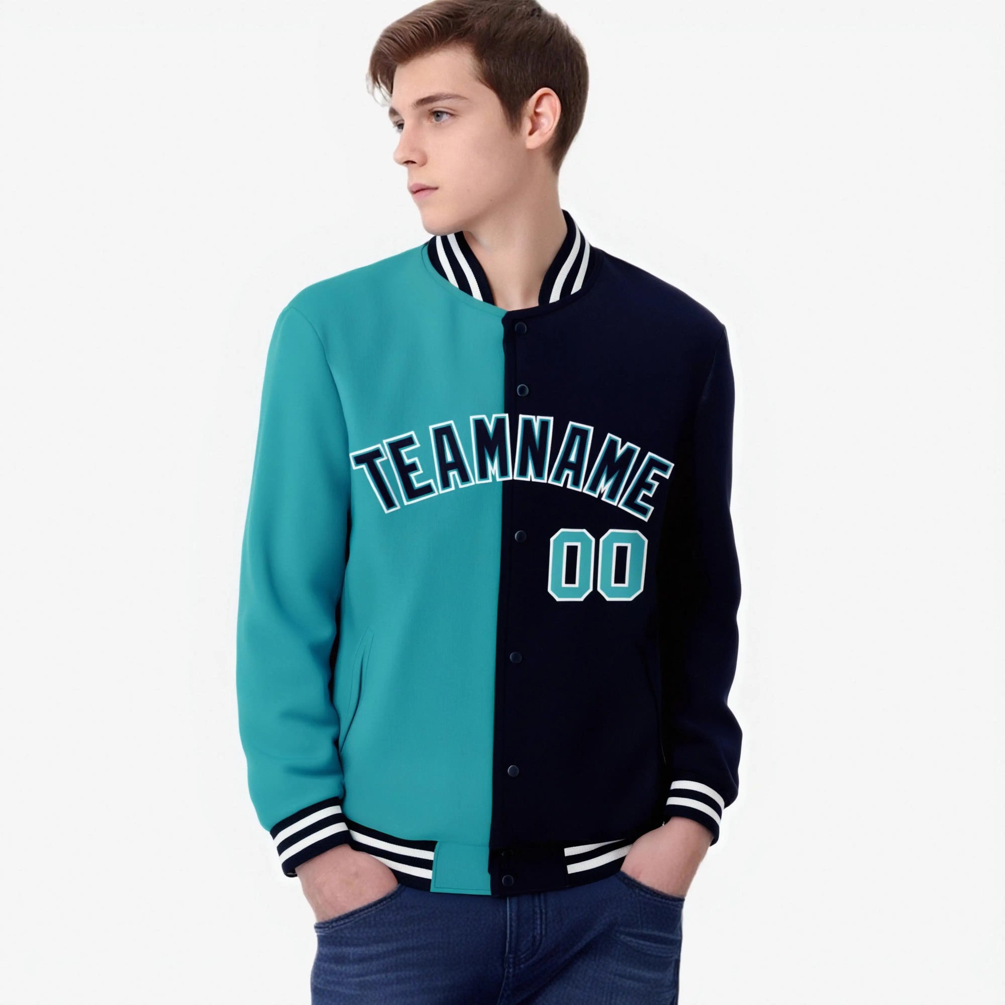 Custom Aqua White Navy Bomber Full-Snap Varsity Letterman Split Fashion Jacket