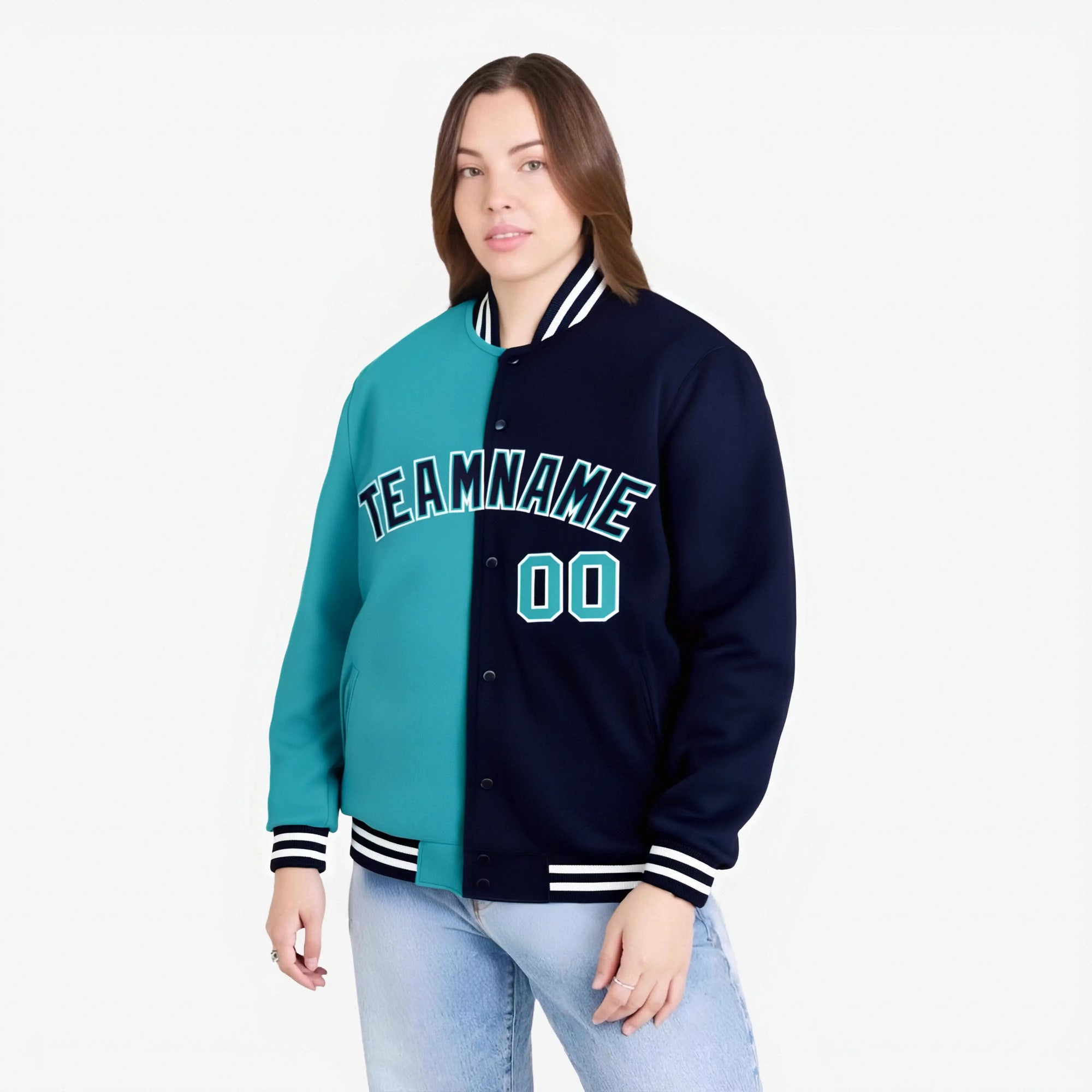 Custom Aqua White Navy Bomber Full-Snap Varsity Letterman Split Fashion Jacket