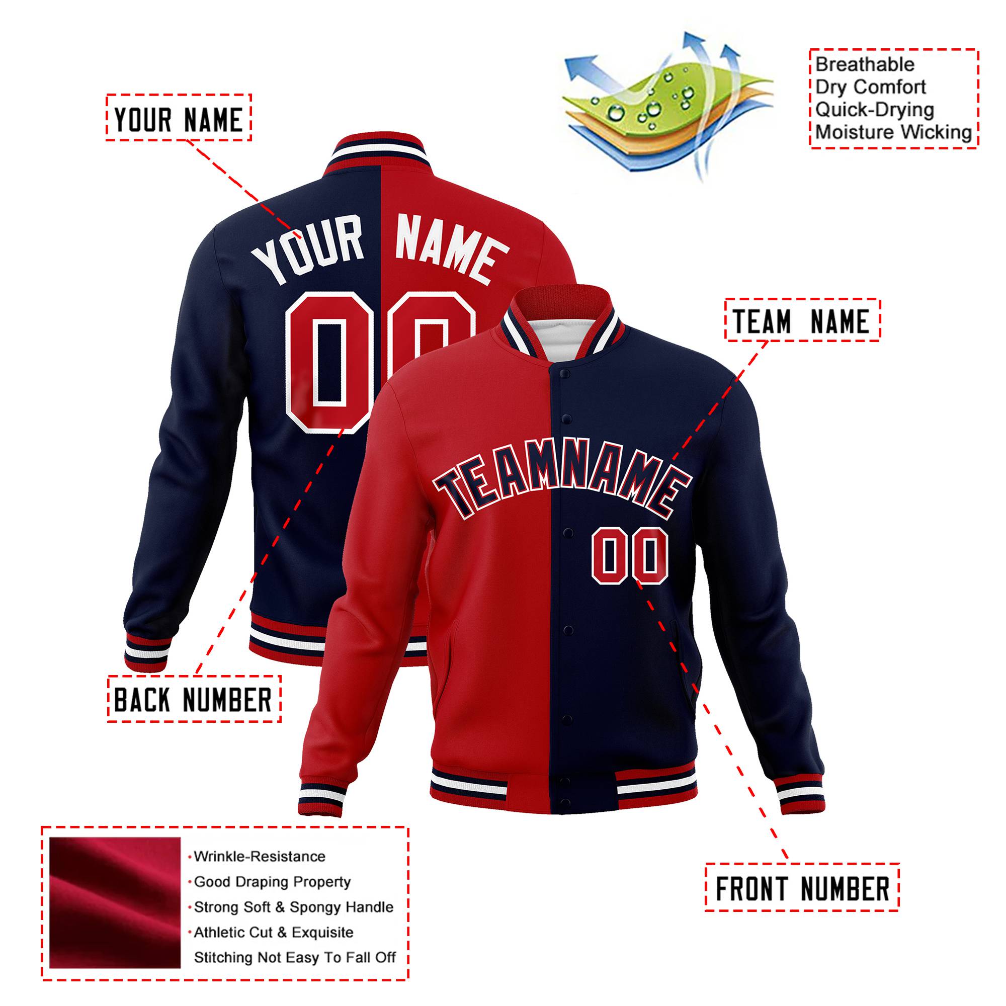 Custom Royal-Red White Navy Bomber Full-Snap Varsity Letterman Split Fashion Jacket