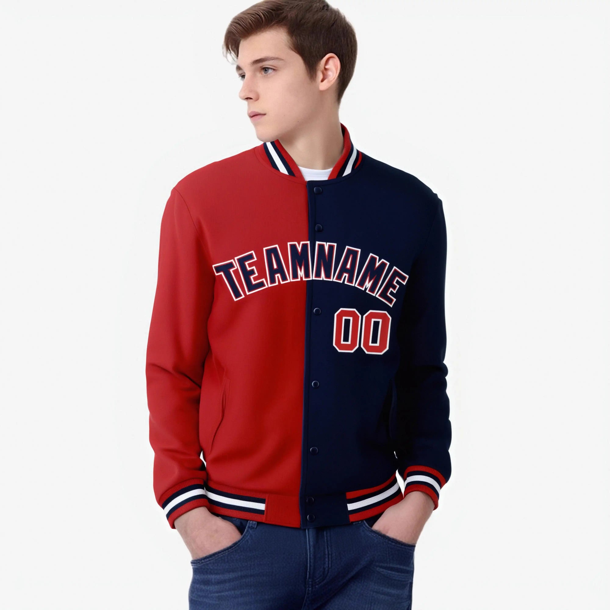 Custom Royal-Red White Navy Bomber Full-Snap Varsity Letterman Split Fashion Jacket