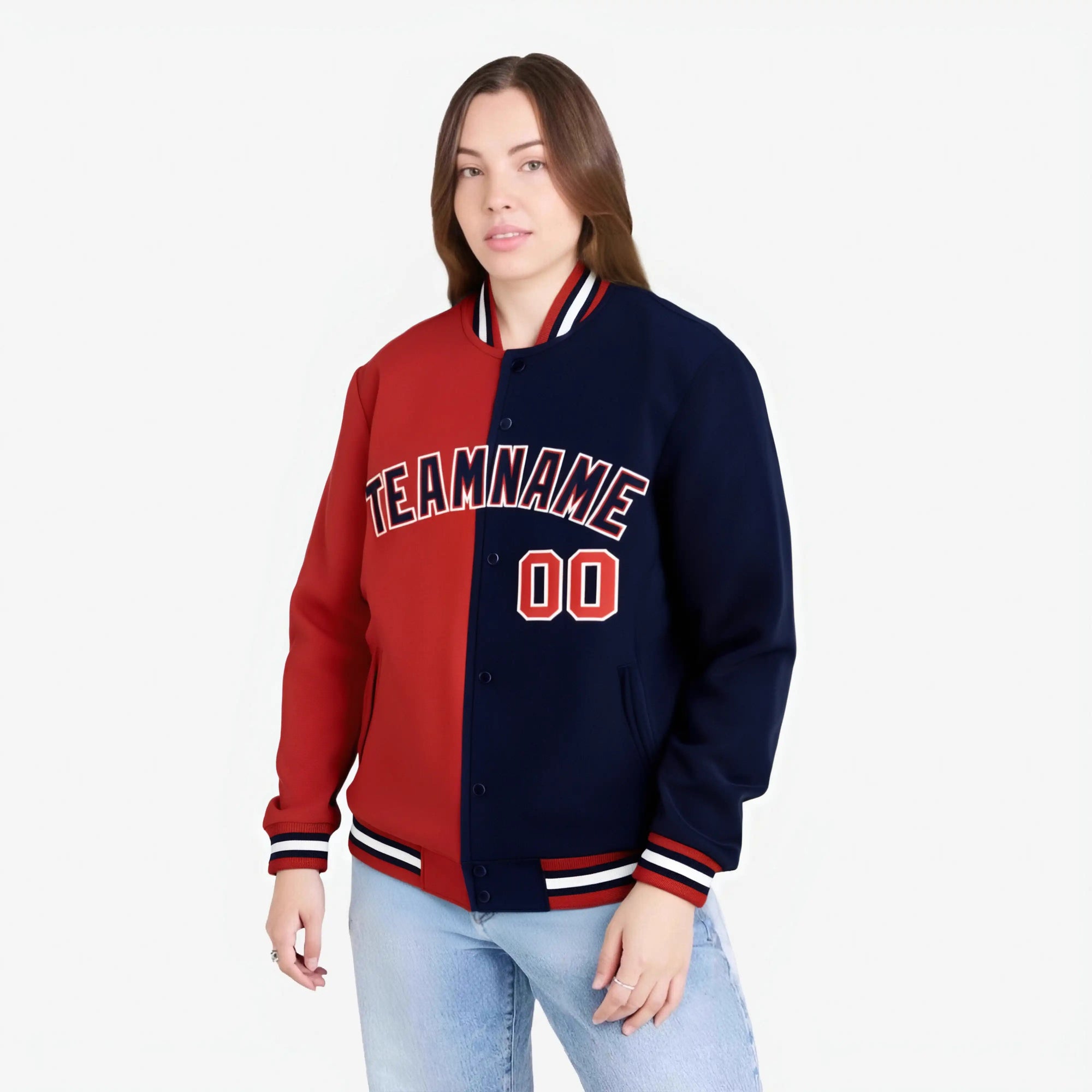 Custom Royal-Red White Navy Bomber Full-Snap Varsity Letterman Split Fashion Jacket