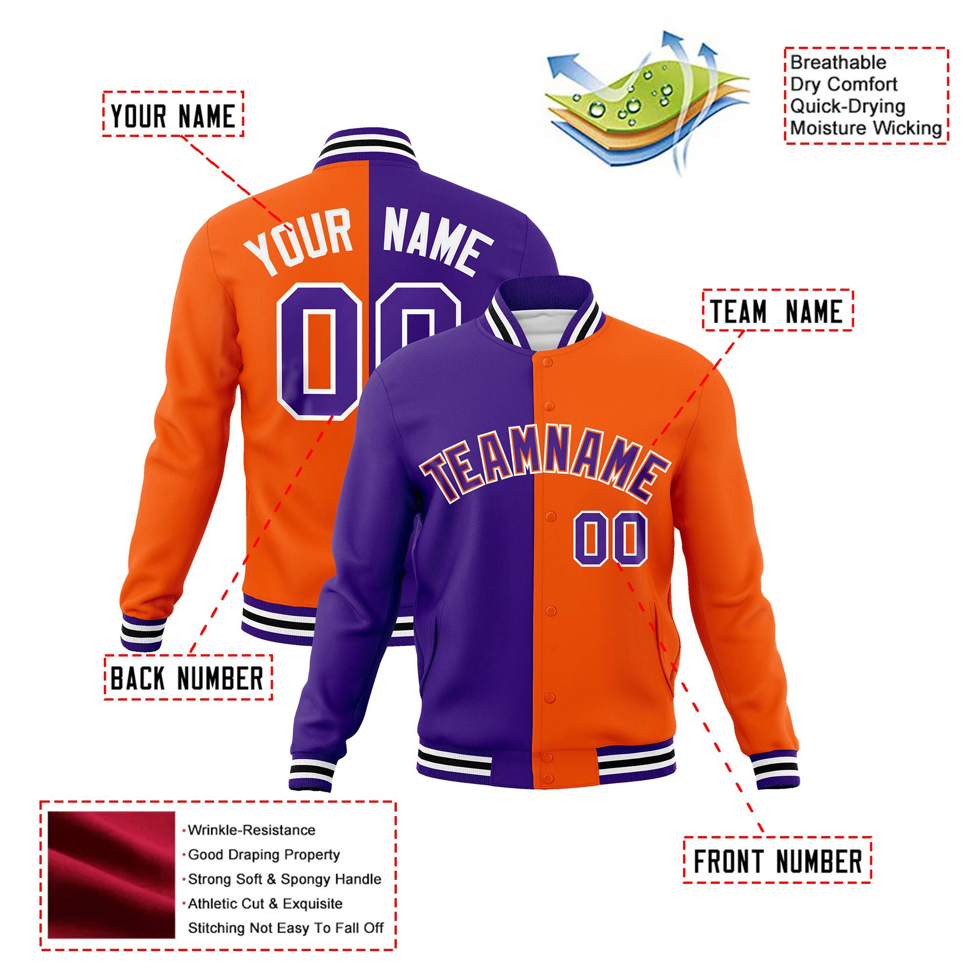 Custom Purple White Orange Bomber Full-Snap Varsity Letterman Split Fashion Jacket