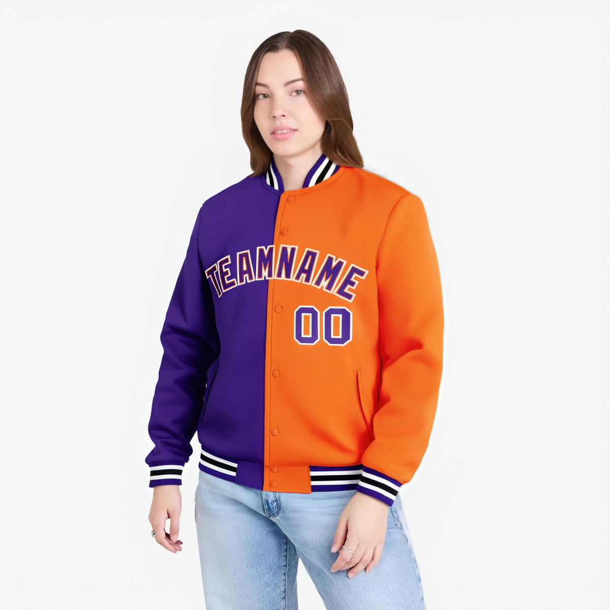Custom Purple White Orange Bomber Full-Snap Varsity Letterman Split Fashion Jacket