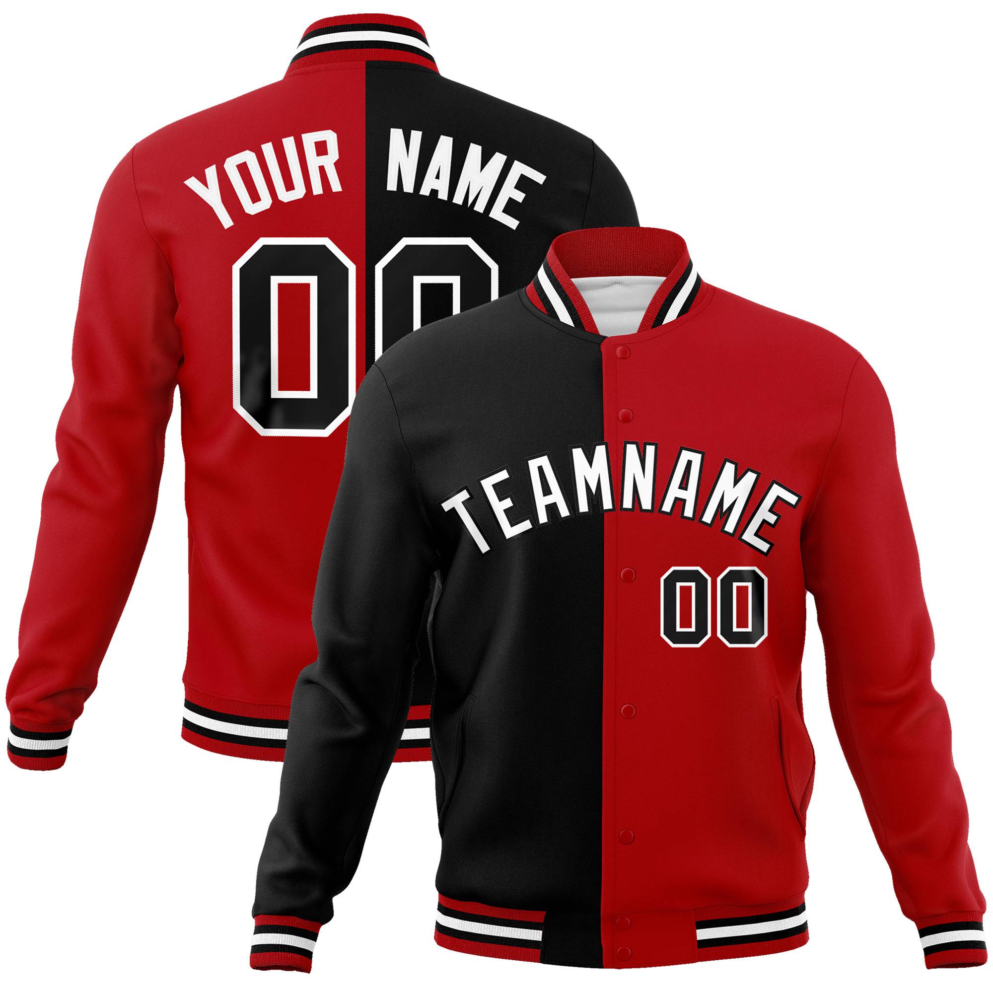 Custom Black White Royal-Red Bomber Full-Snap Varsity Letterman Split Fashion Jacket