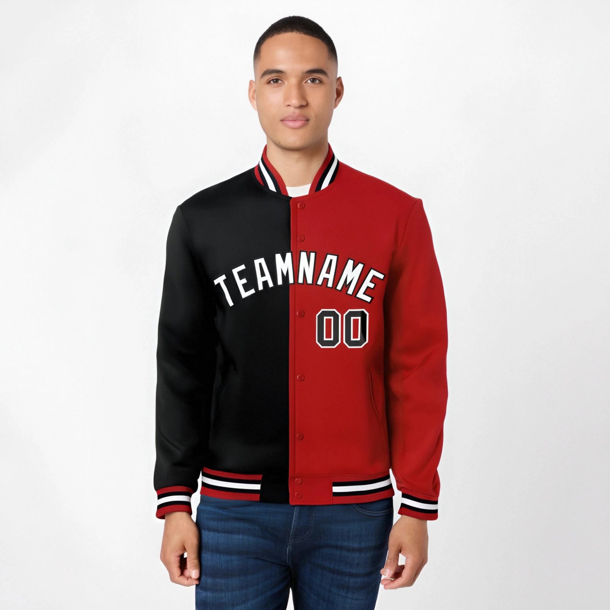 Custom Black White Royal-Red Bomber Full-Snap Varsity Letterman Split Fashion Jacket