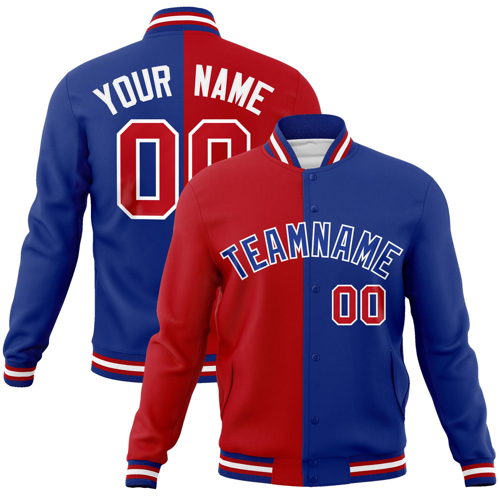 Custom Royal-Red White Thunder-Blue Bomber Full-Snap Varsity Letterman Split Fashion Jacket