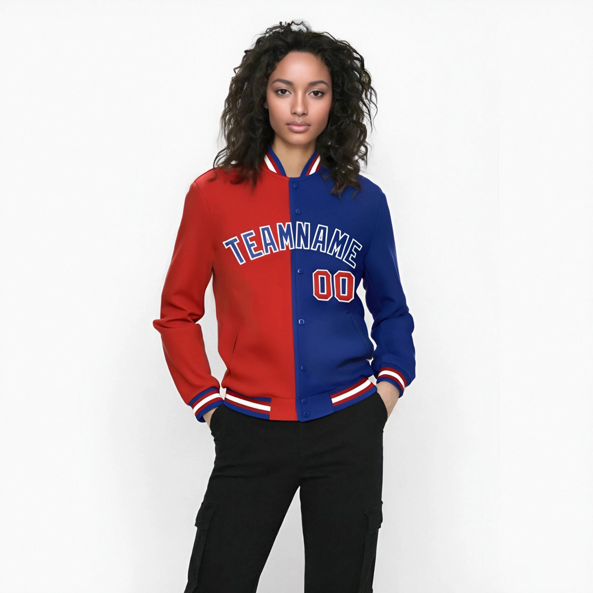 Custom Royal-Red White Thunder-Blue Bomber Full-Snap Varsity Letterman Split Fashion Jacket