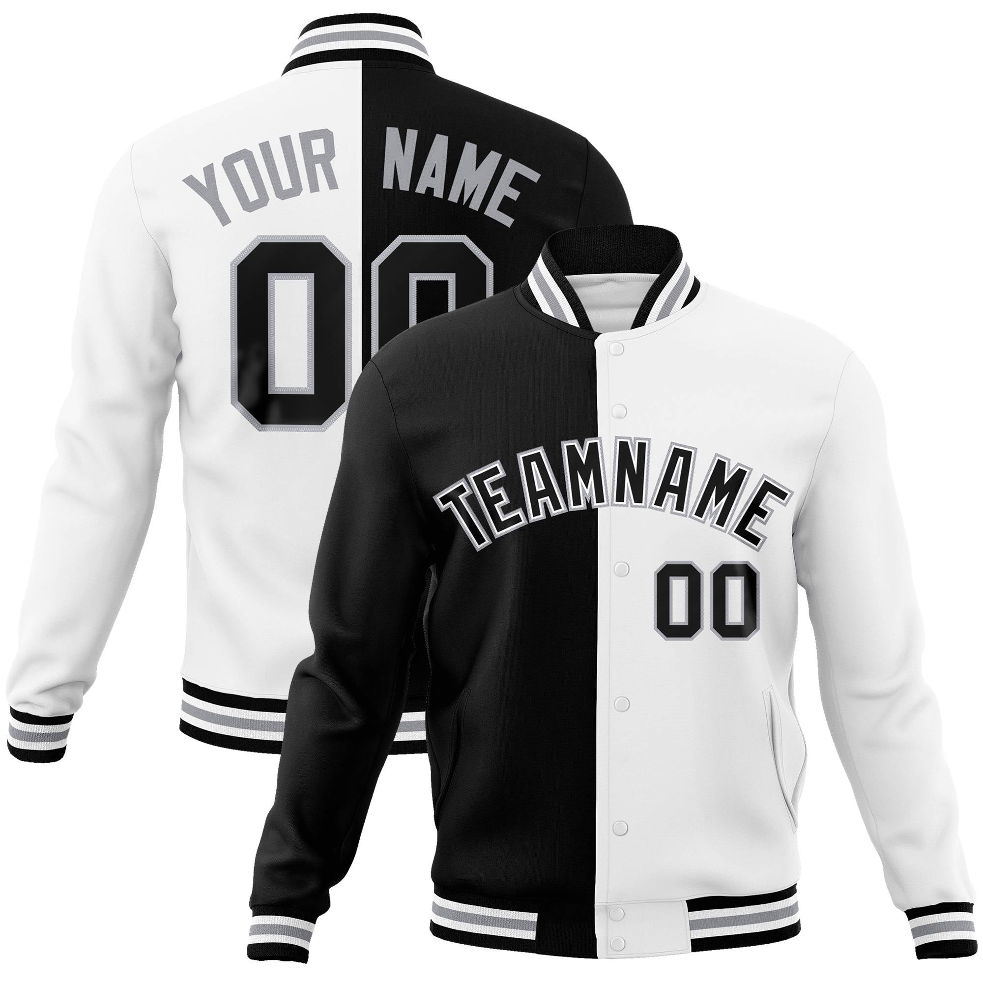 Custom Black Gray White Bomber Full-Snap Varsity Letterman Split Fashion Jacket