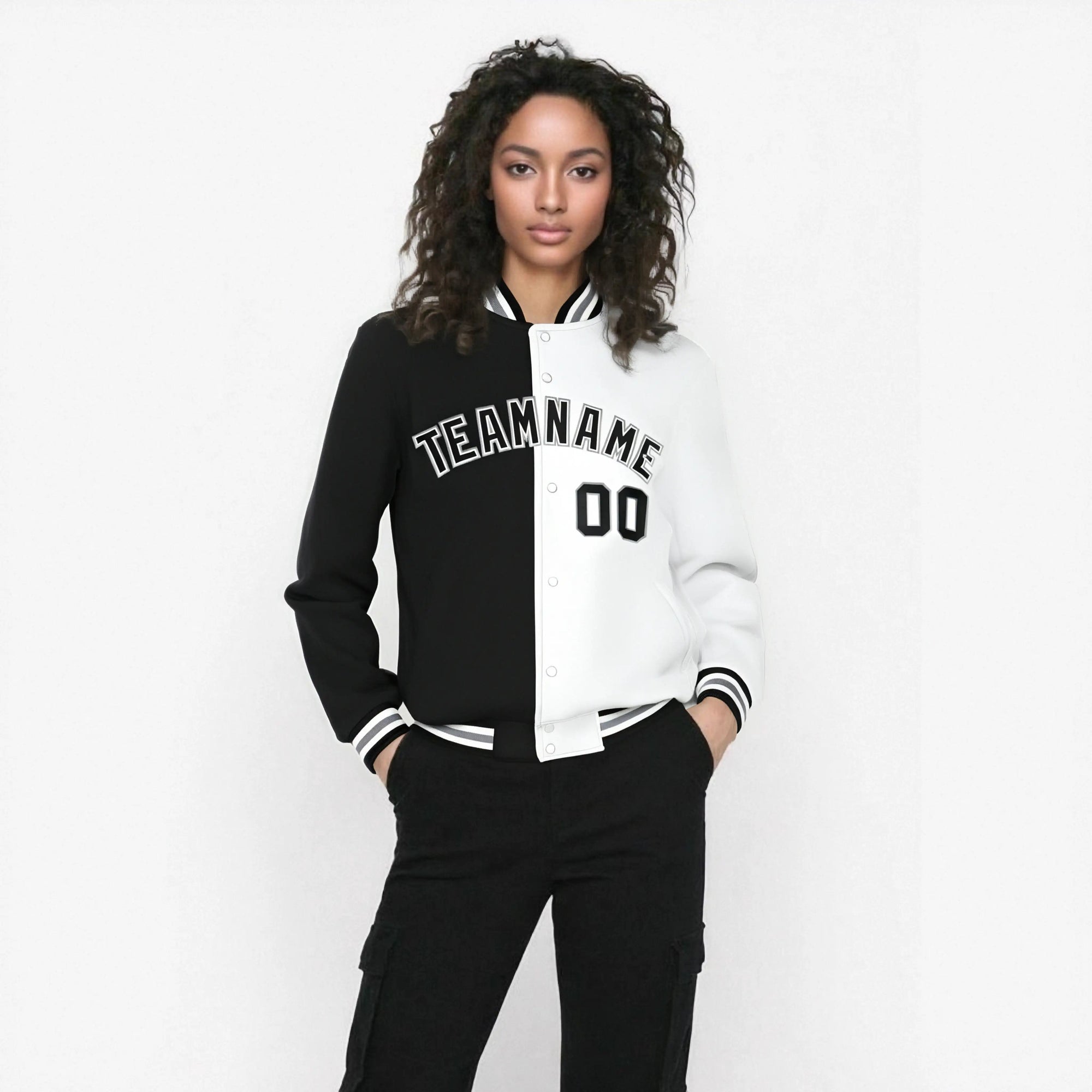 Custom Black Gray White Bomber Full-Snap Varsity Letterman Split Fashion Jacket