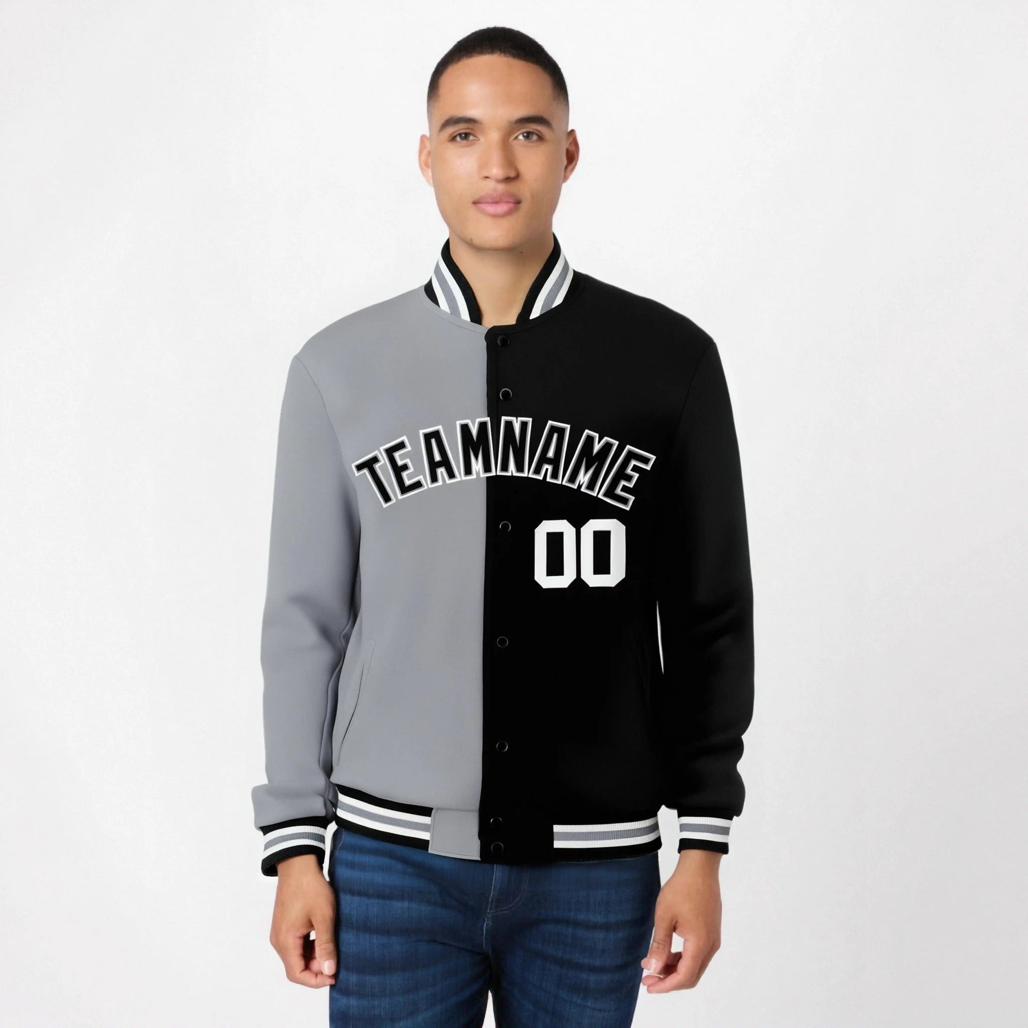 Custom Gray White Black Bomber Full-Snap Varsity Letterman Split Fashion Jacket