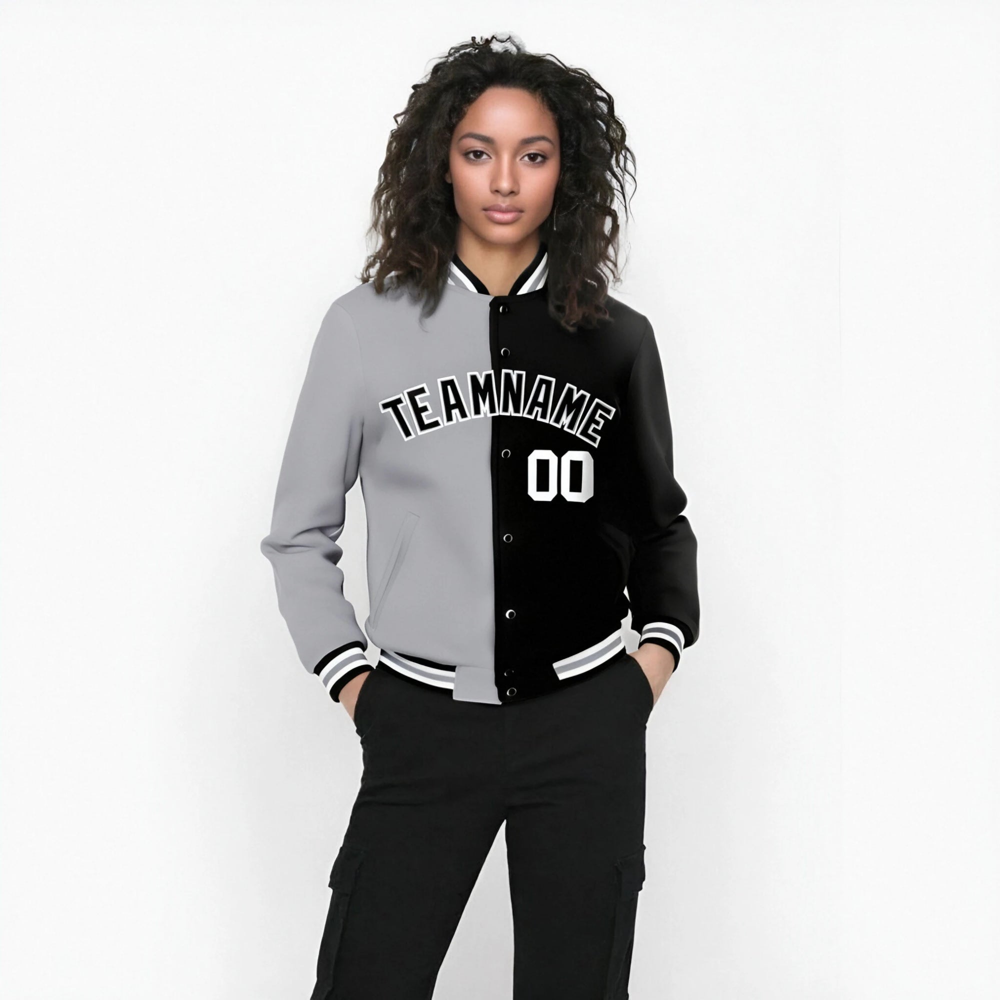 Custom Gray White Black Bomber Full-Snap Varsity Letterman Split Fashion Jacket