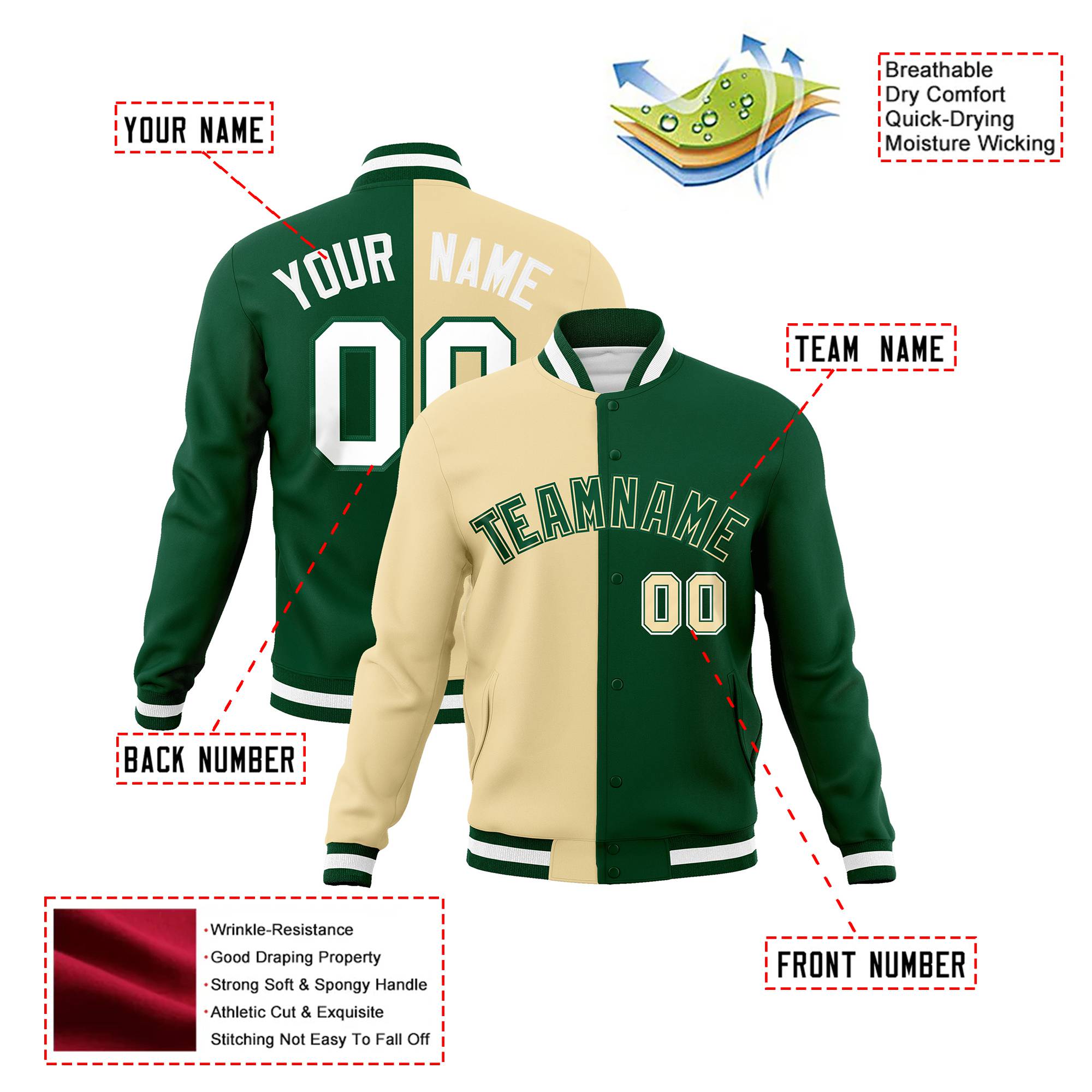 Custom Cream White Kelly-Green Bomber Full-Snap Varsity Letterman Split Fashion Jacket