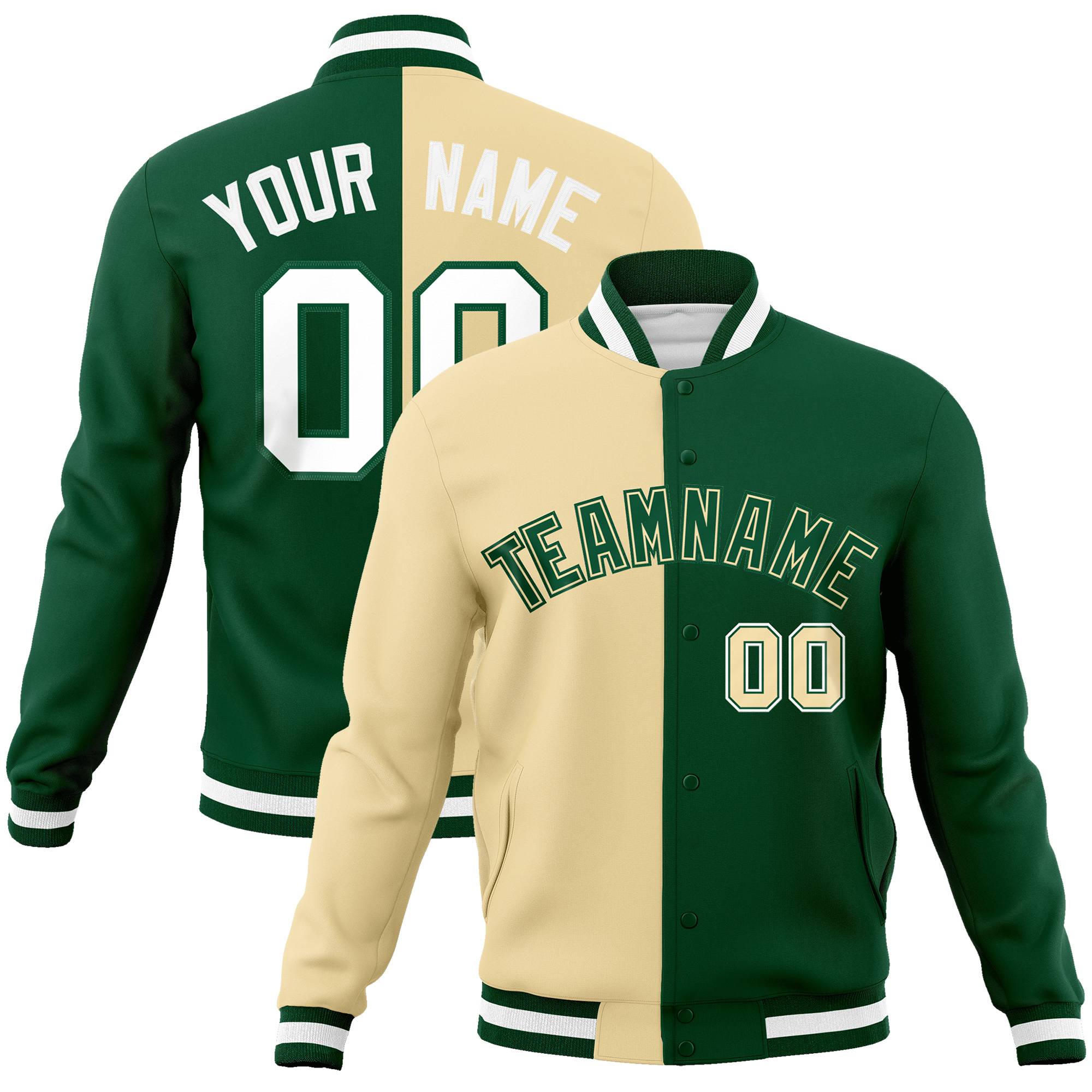 Custom Cream White Kelly-Green Bomber Full-Snap Varsity Letterman Split Fashion Jacket