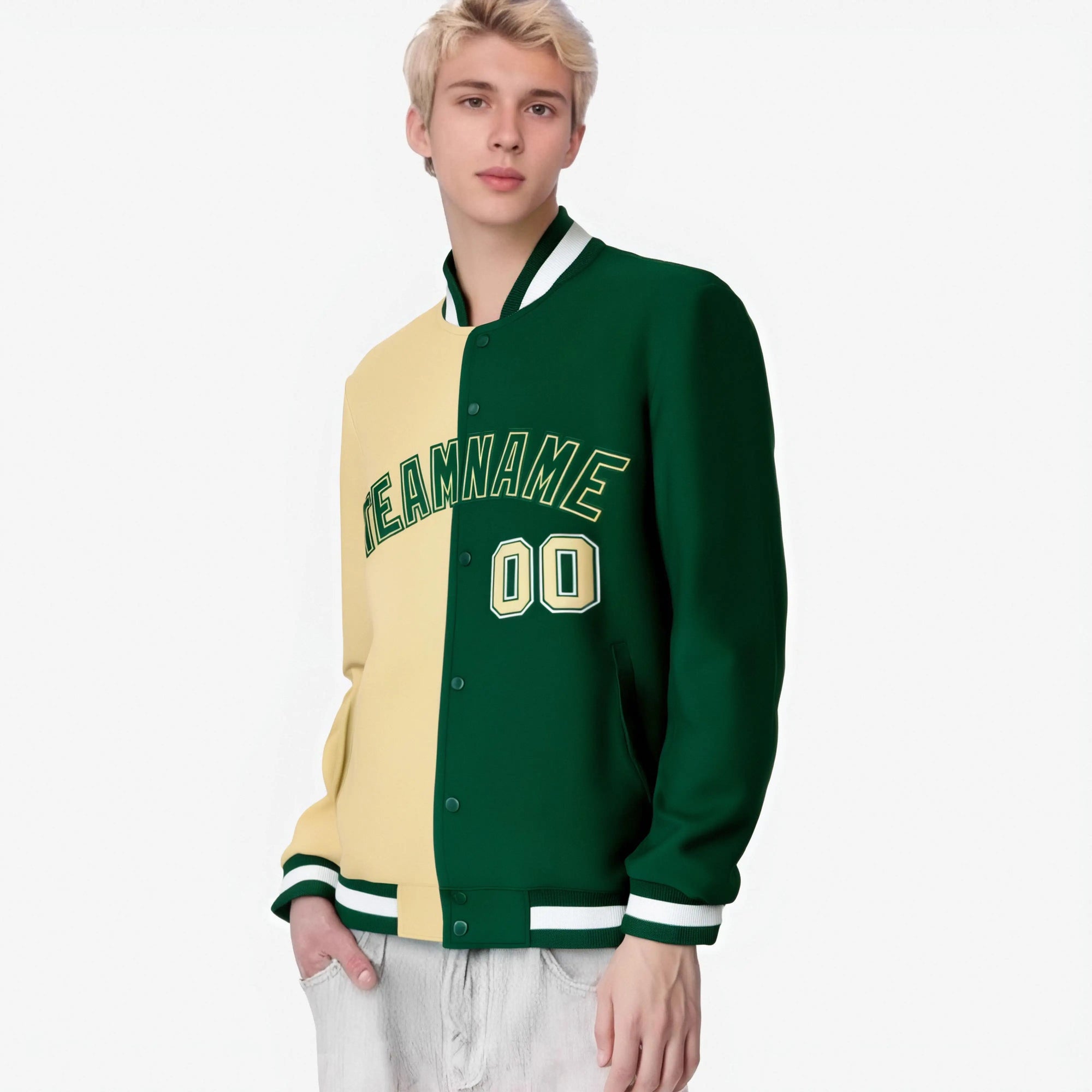 Custom Cream White Kelly-Green Bomber Full-Snap Varsity Letterman Split Fashion Jacket