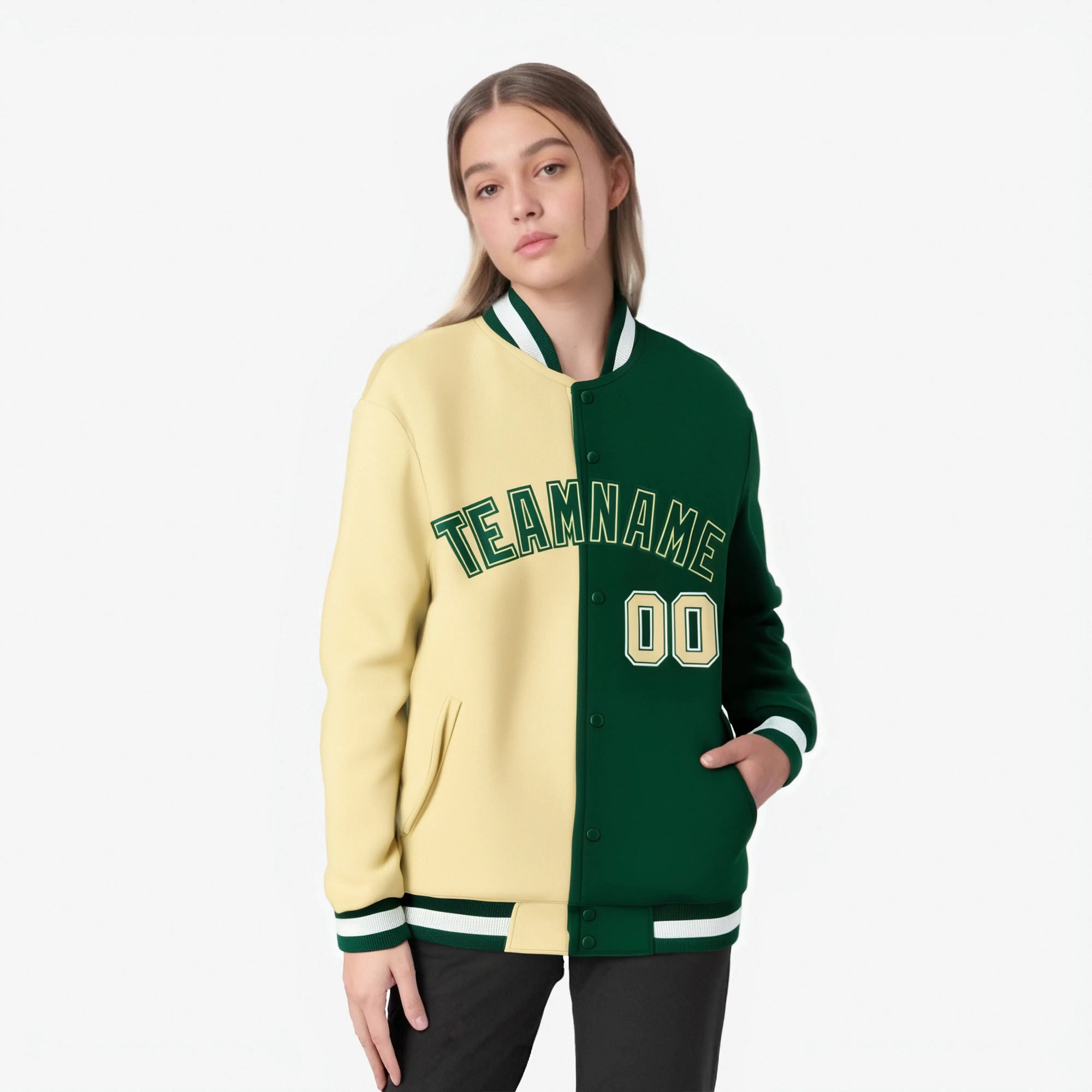 Custom Cream White Kelly-Green Bomber Full-Snap Varsity Letterman Split Fashion Jacket