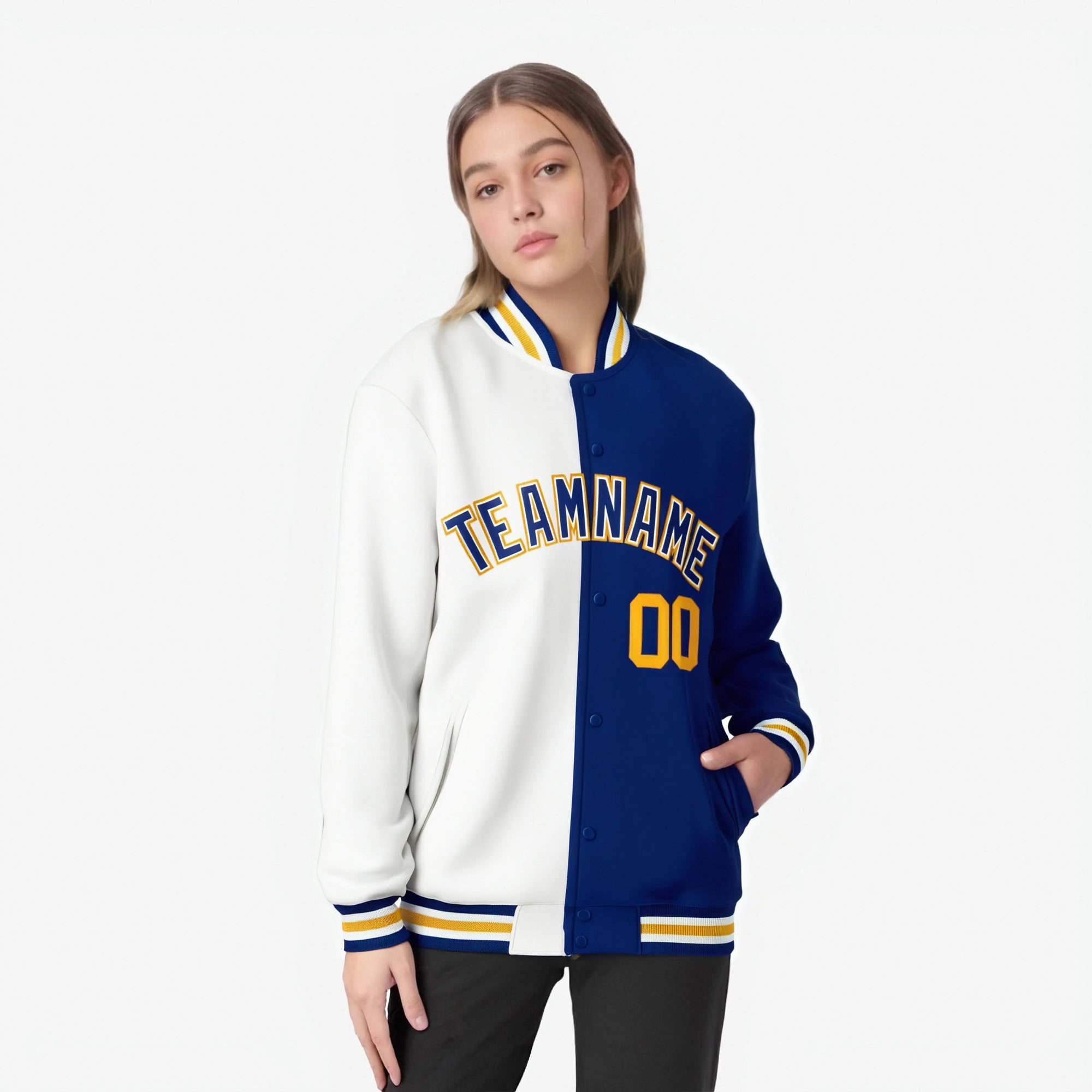 Custom White Thunder-Blue Gold Bomber Full-Snap Varsity Letterman Split Fashion Jacket