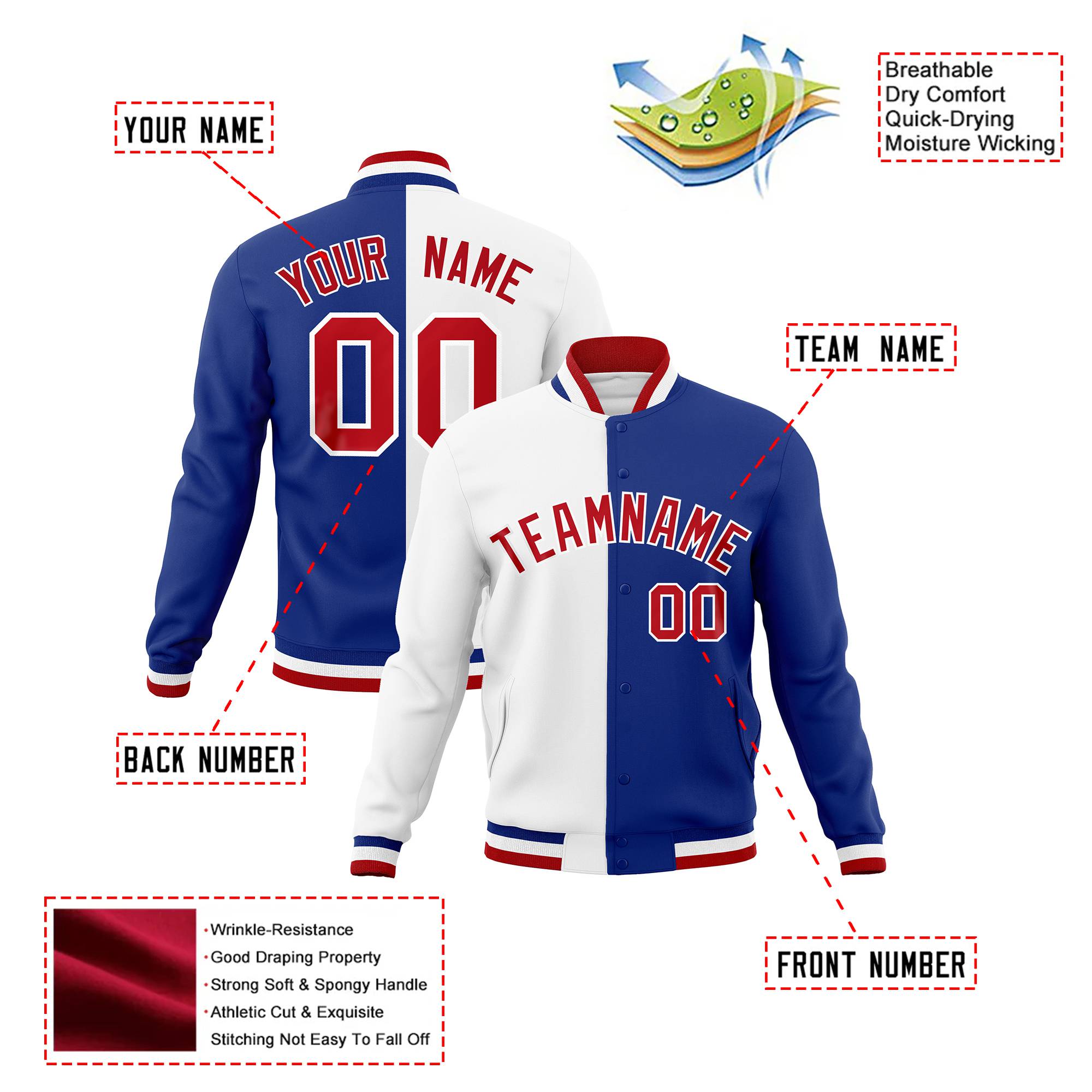 Custom White Thunder-Blue Red Bomber Full-Snap Varsity Letterman Split Fashion Jacket