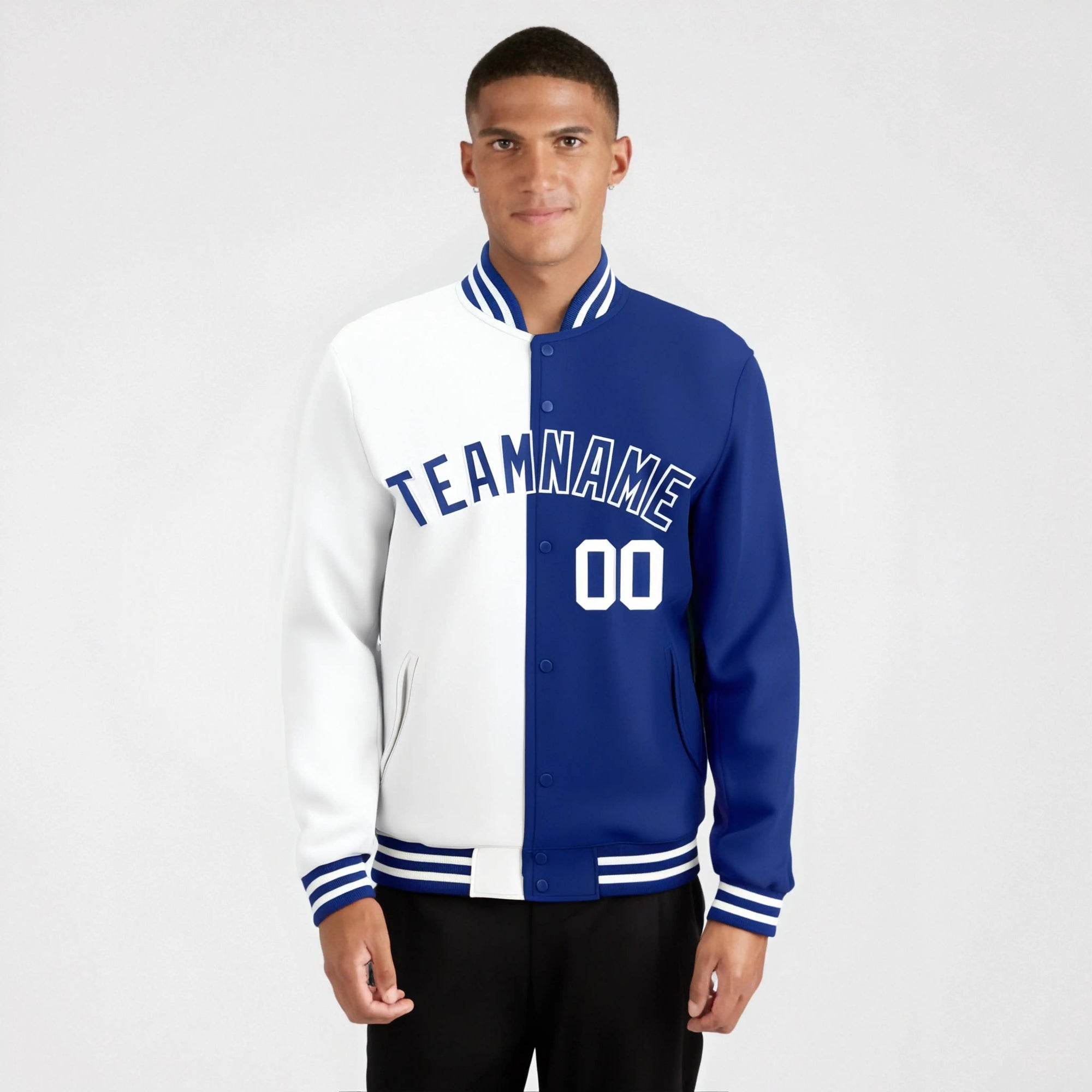 Custom White Thunder-Blue White Bomber Full-Snap Varsity Letterman Split Fashion Jacket