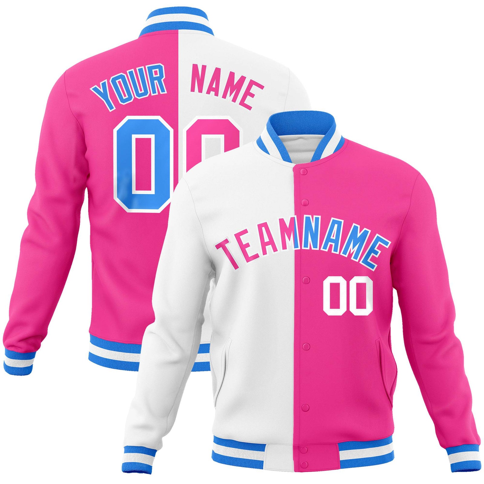 Custom White Pink Ligth-Blue Bomber Full-Snap Varsity Letterman Split Fashion Jacket