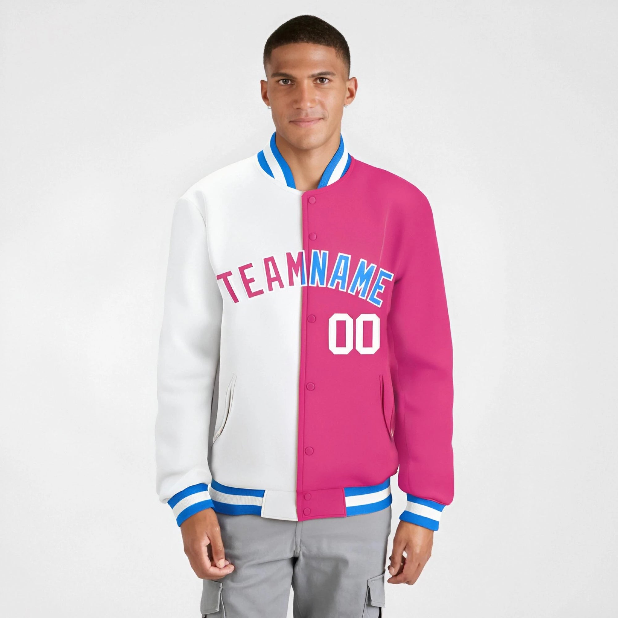 Custom White Pink Ligth-Blue Bomber Full-Snap Varsity Letterman Split Fashion Jacket