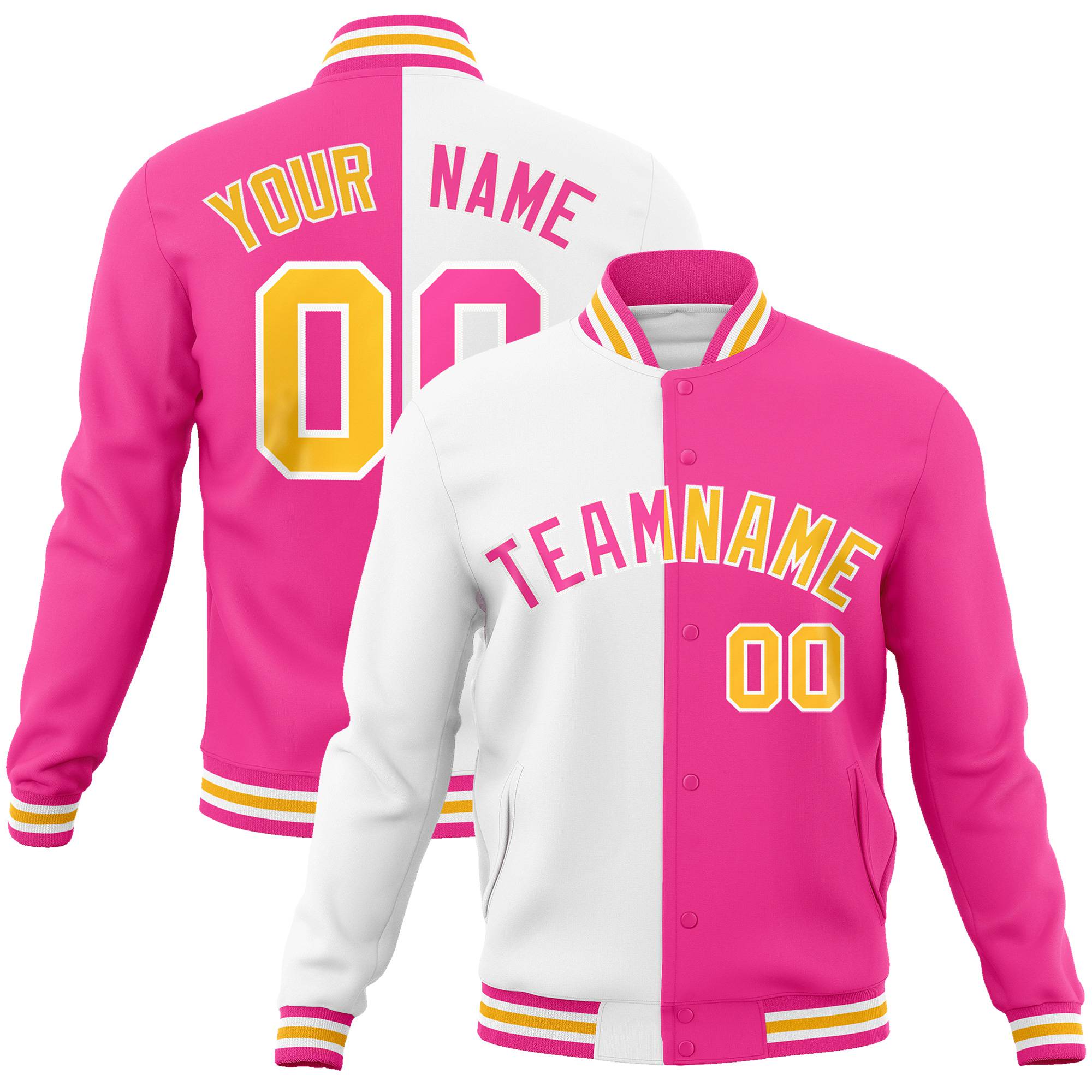 Custom White Pink Gold Bomber Full-Snap Varsity Letterman Split Fashion Jacket