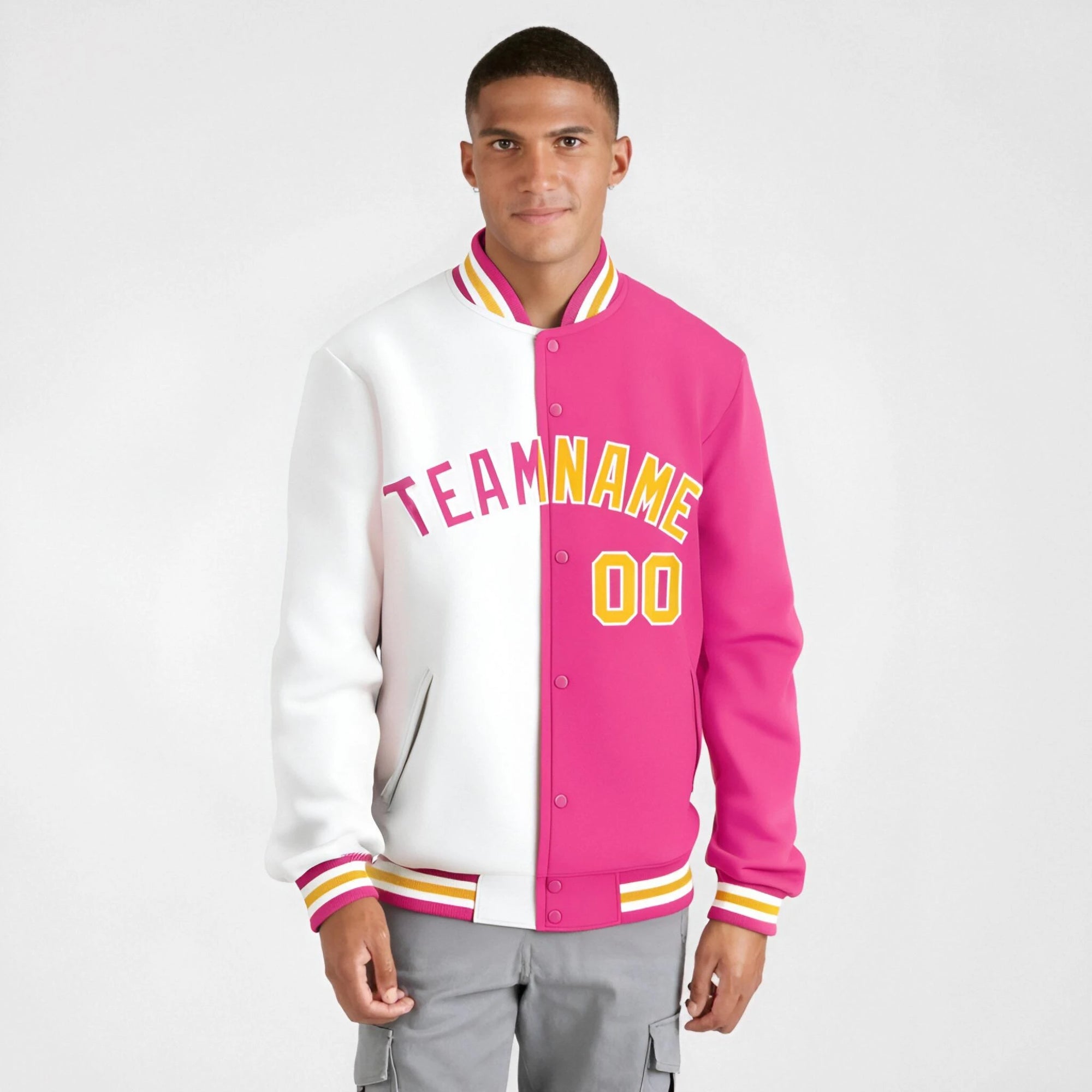 Custom White Pink Gold Bomber Full-Snap Varsity Letterman Split Fashion Jacket