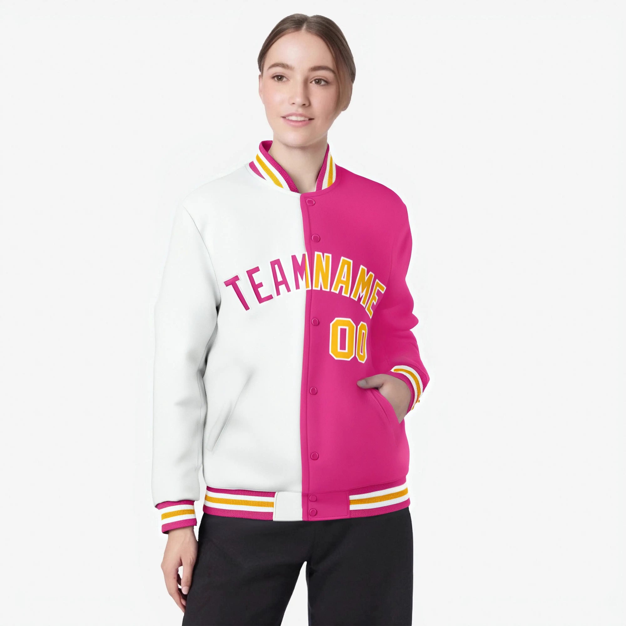 Custom White Pink Gold Bomber Full-Snap Varsity Letterman Split Fashion Jacket