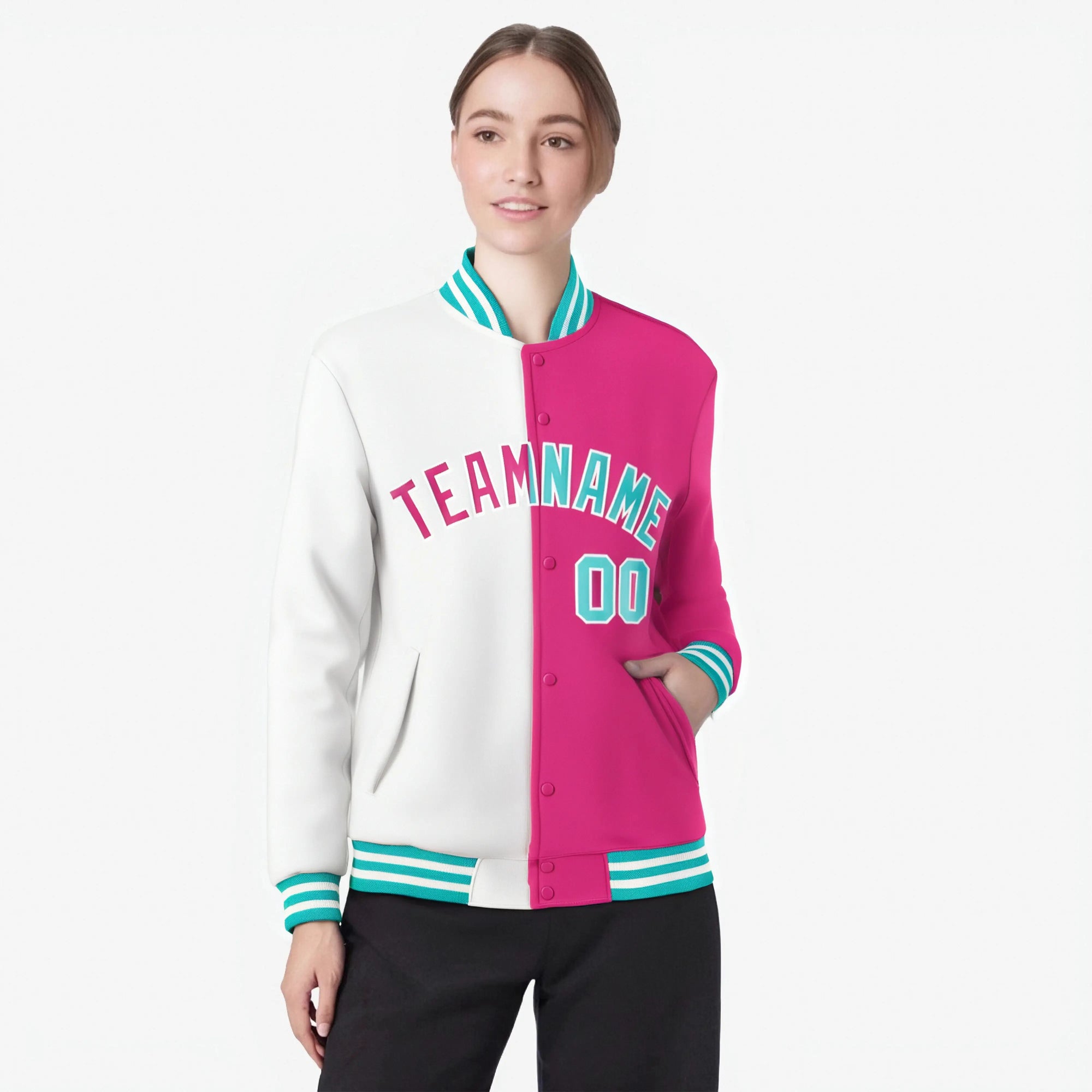 Custom White Pink Aqua Bomber Full-Snap Varsity Letterman Split Fashion Jacket