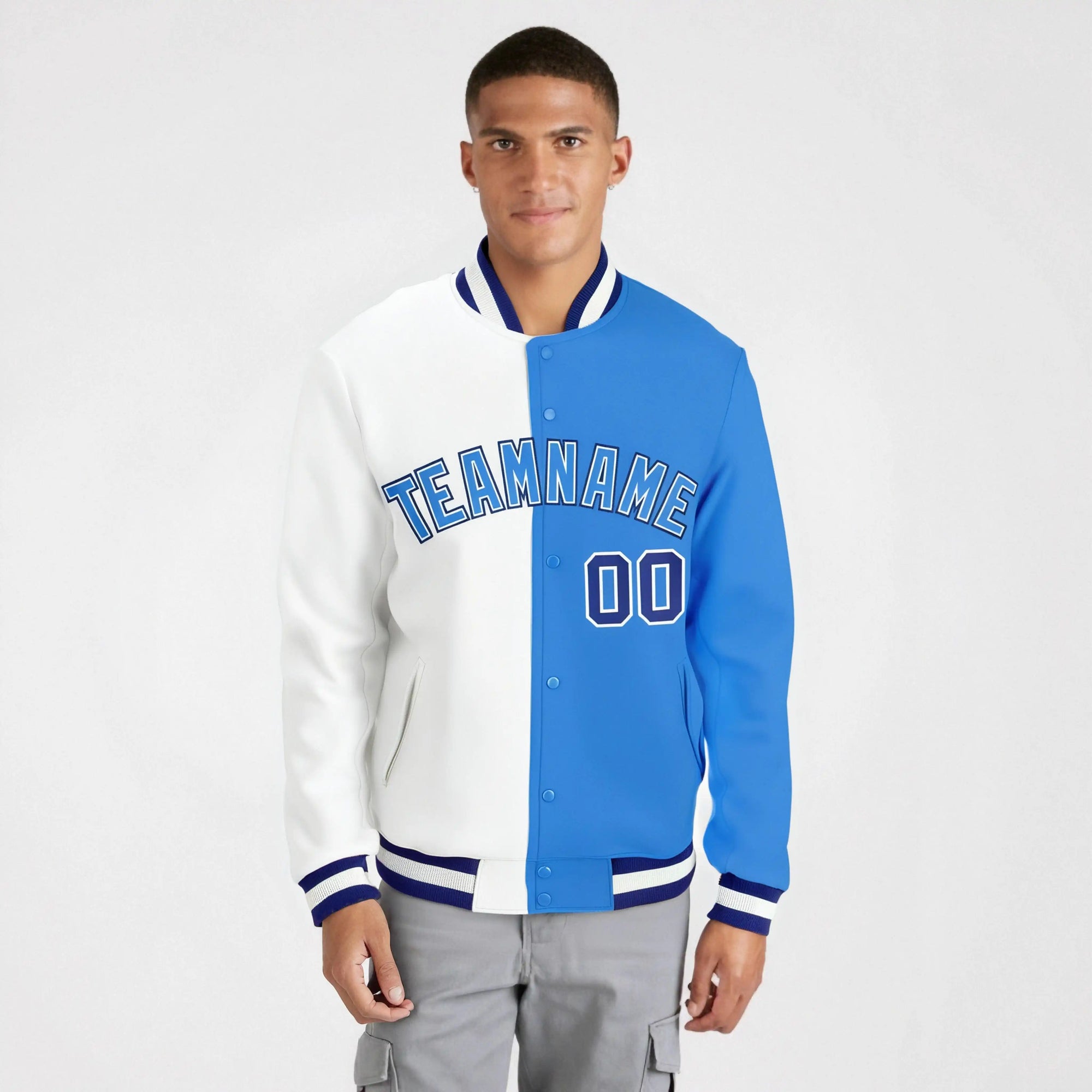 Custom White Sky-Blue Blue Bomber Full-Snap Varsity Letterman Split Fashion Jacket