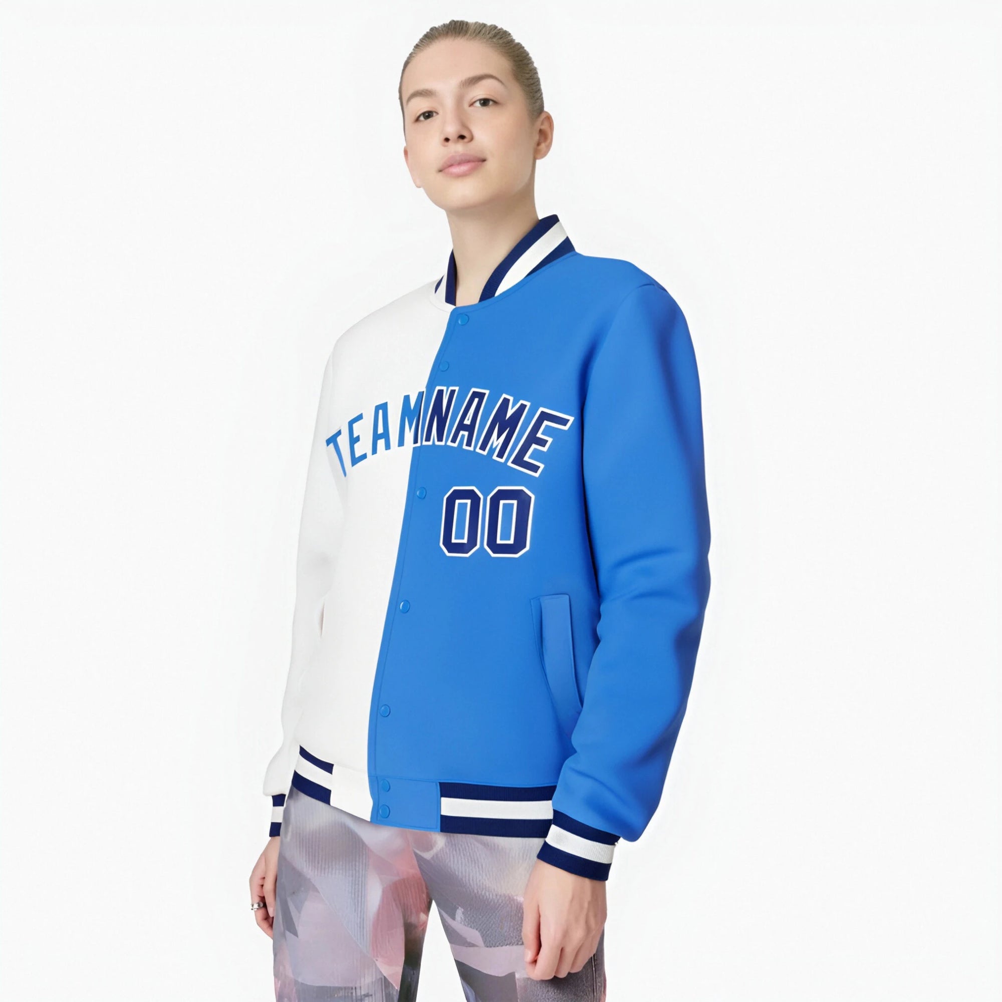 Custom White Sky-Blue Blue Bomber Full-Snap Varsity Letterman Split Fashion Jacket