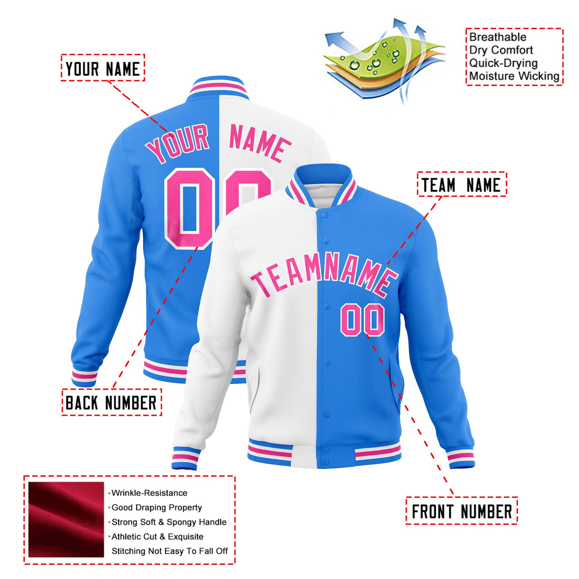 Custom White Sky-Blue Pink Bomber Full-Snap Varsity Letterman Split Fashion Jacket