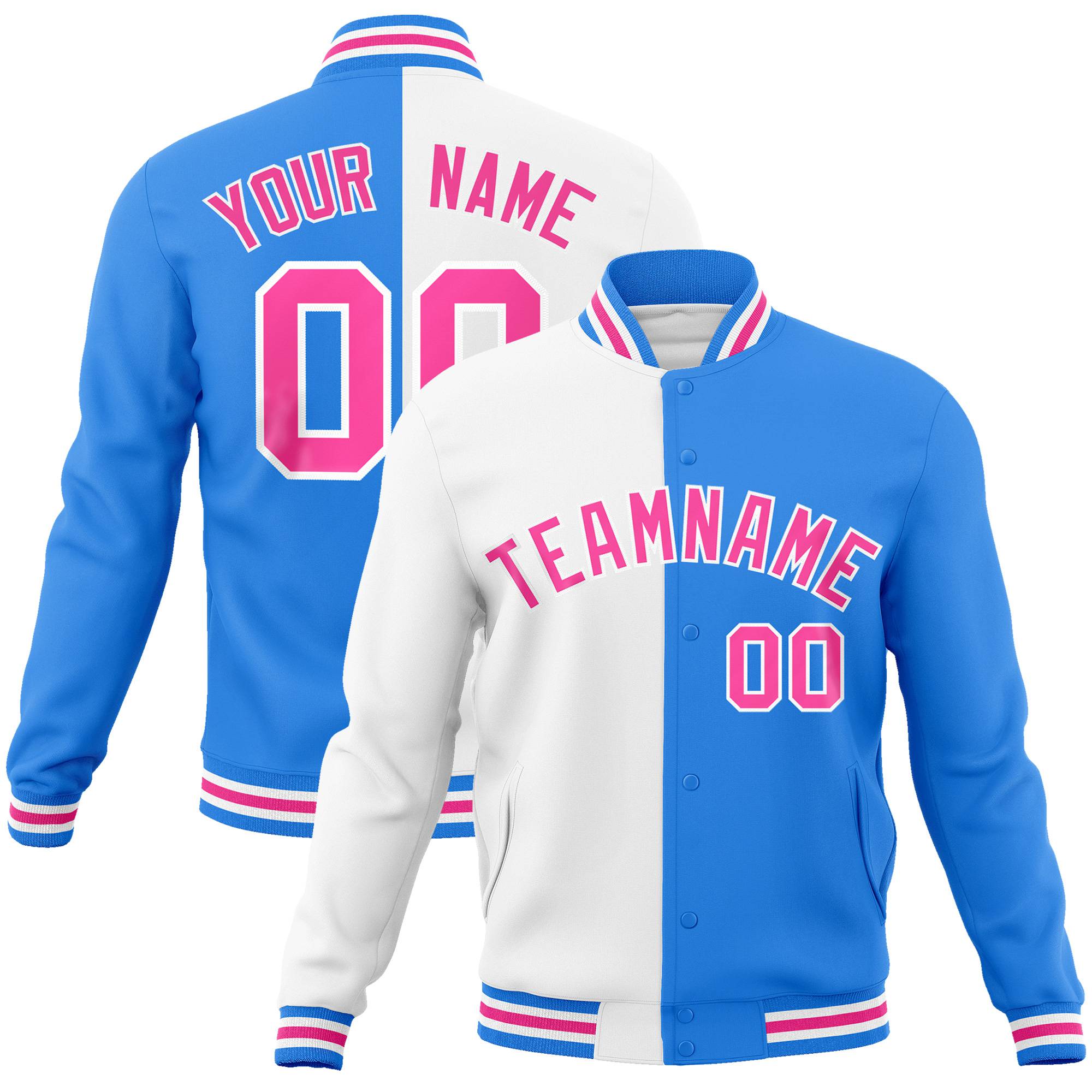 Custom White Sky-Blue Pink Bomber Full-Snap Varsity Letterman Split Fashion Jacket