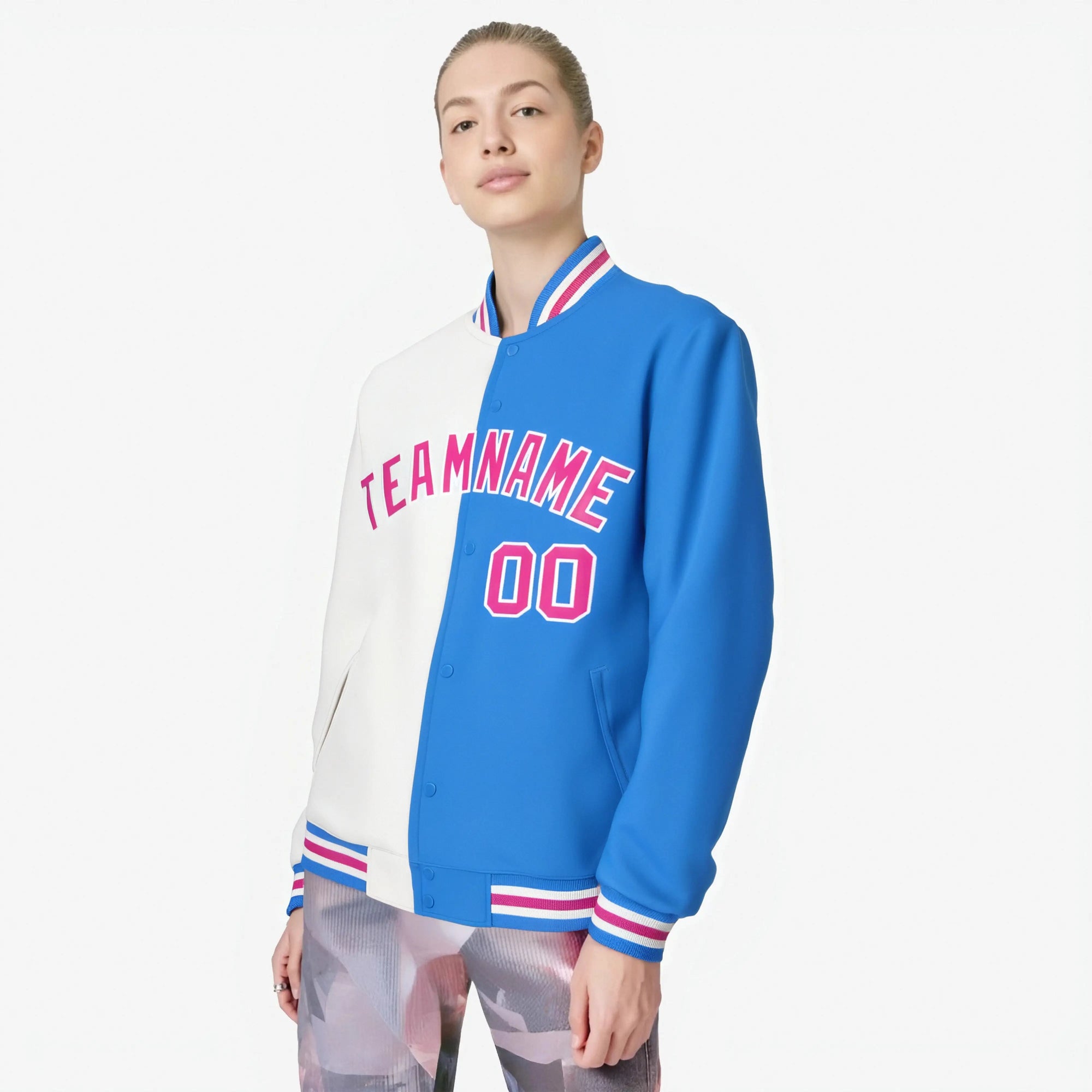 Custom White Sky-Blue Pink Bomber Full-Snap Varsity Letterman Split Fashion Jacket