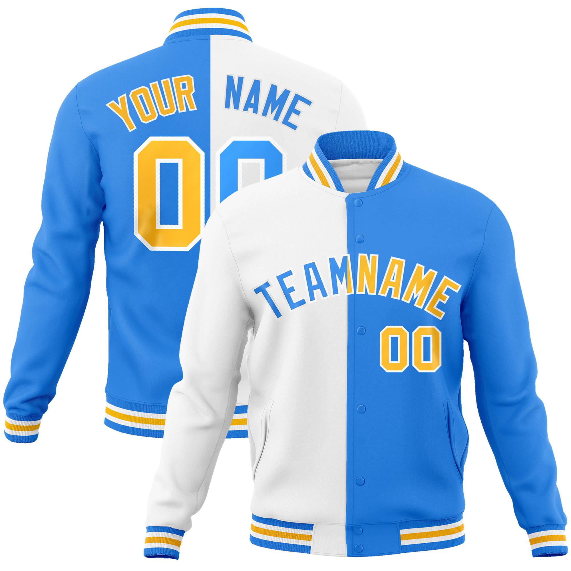 Custom White Sky-Blue Gold Bomber Full-Snap Varsity Letterman Split Fashion Jacket