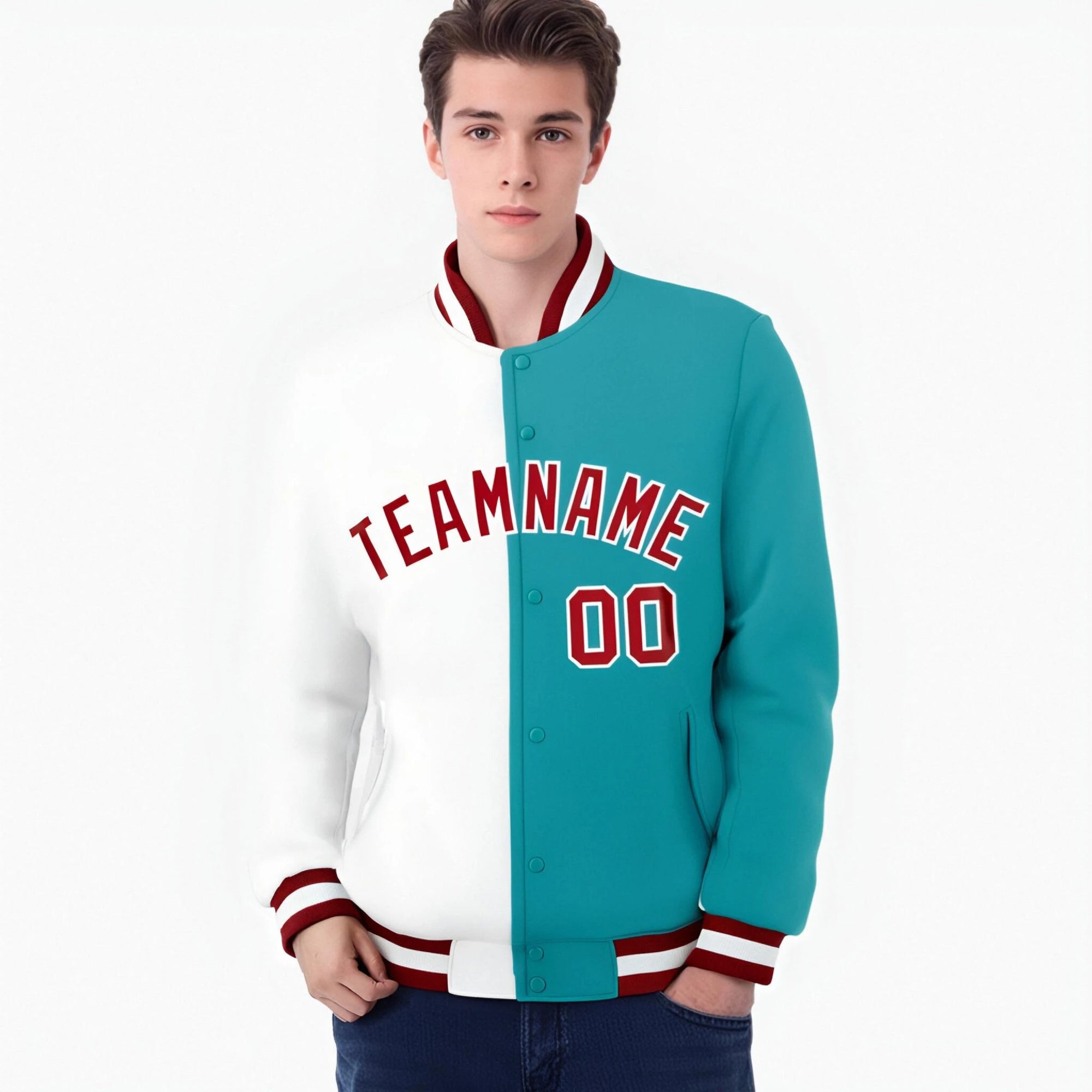 Custom White Aqua Red Bomber Full-Snap Varsity Letterman Split Fashion Jacket