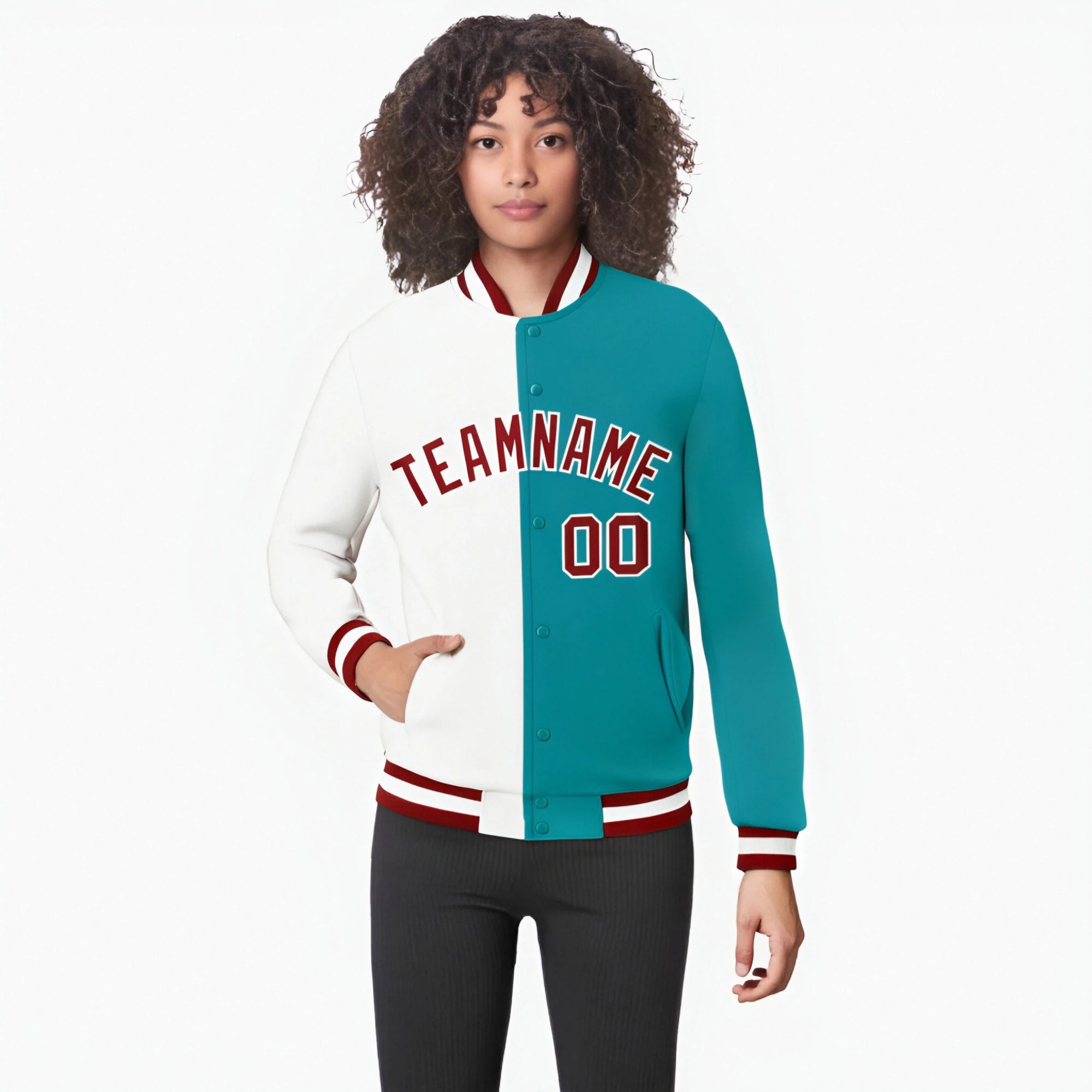 Custom White Aqua Red Bomber Full-Snap Varsity Letterman Split Fashion Jacket