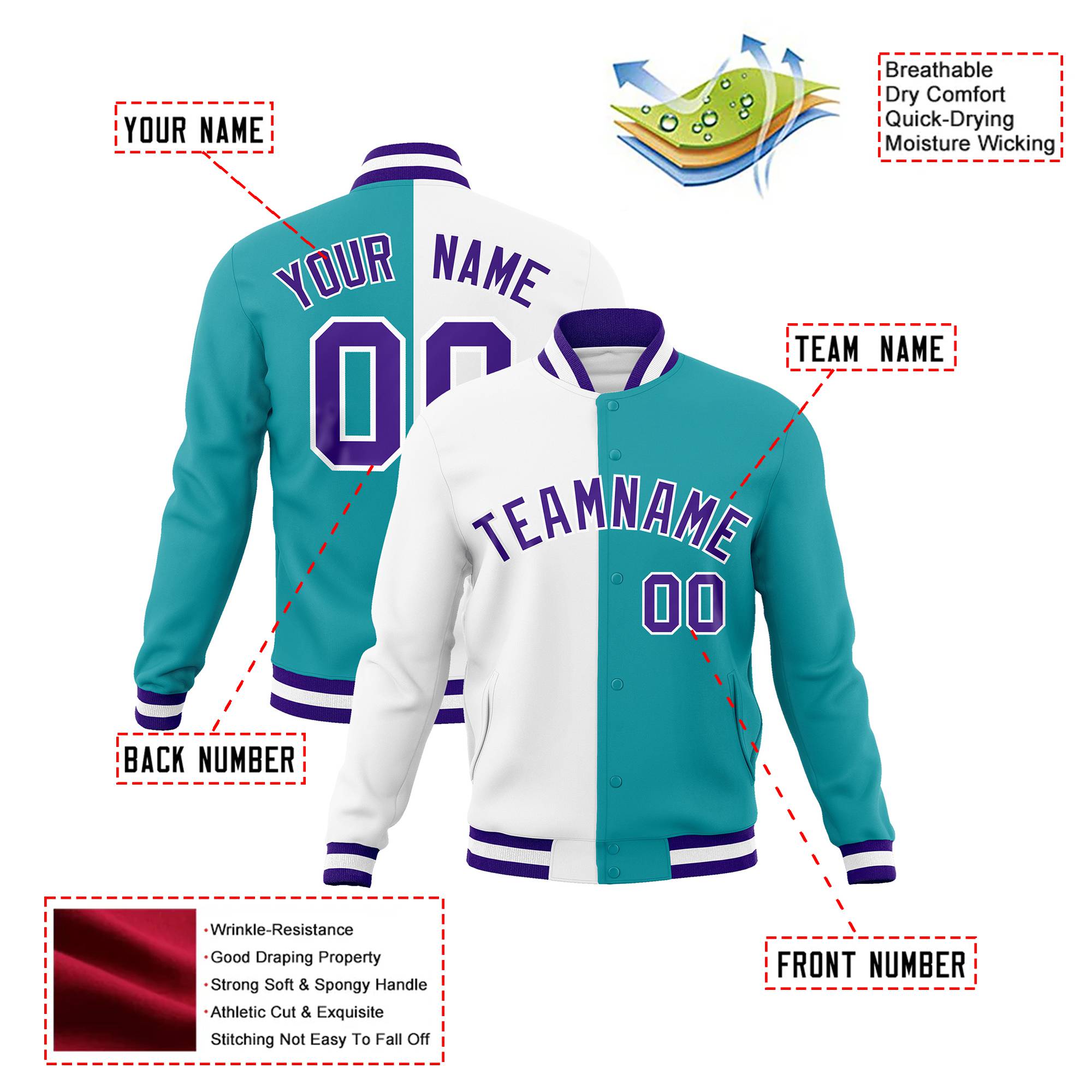 Custom White Aqua Purple Bomber Full-Snap Varsity Letterman Split Fashion Jacket