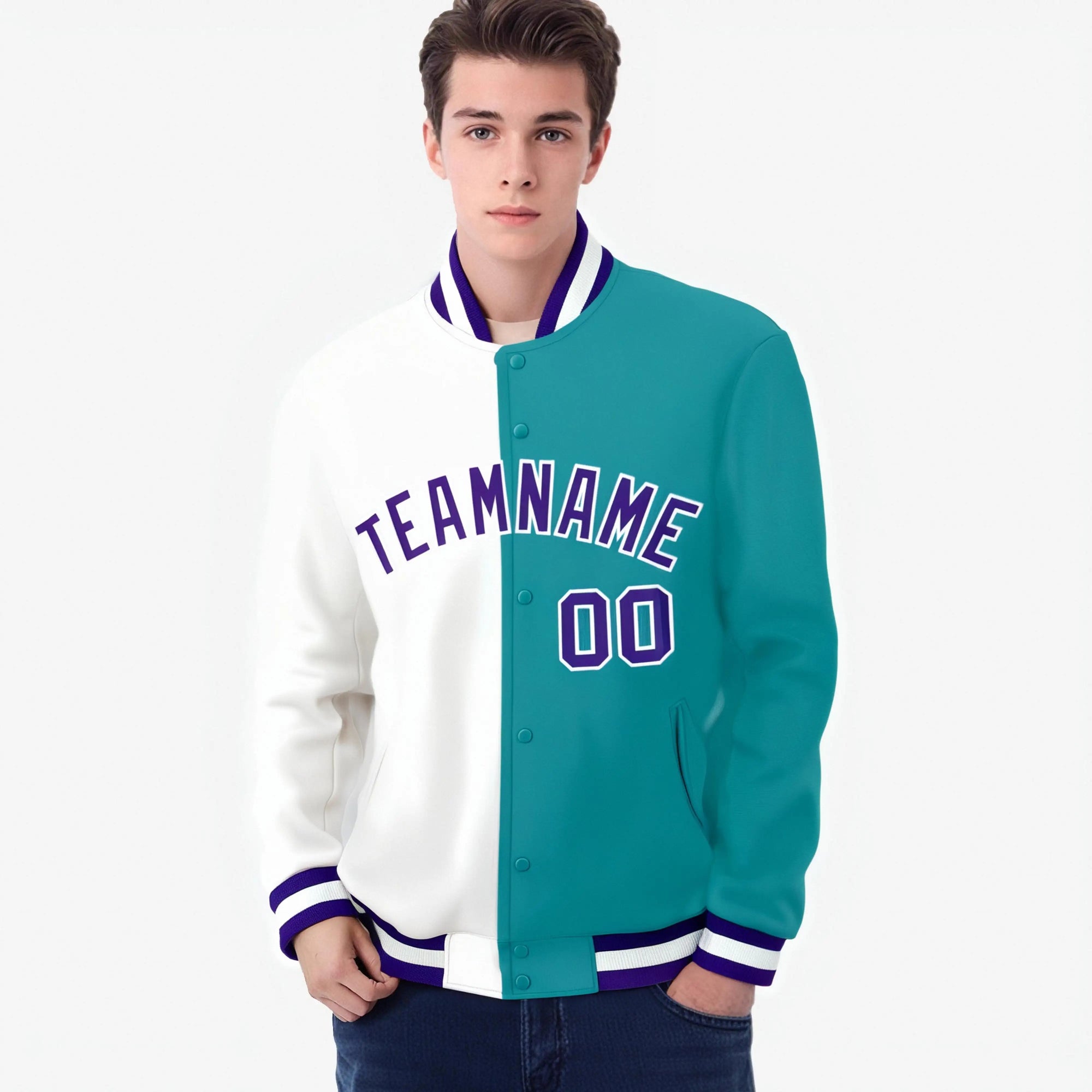 Custom White Aqua Purple Bomber Full-Snap Varsity Letterman Split Fashion Jacket