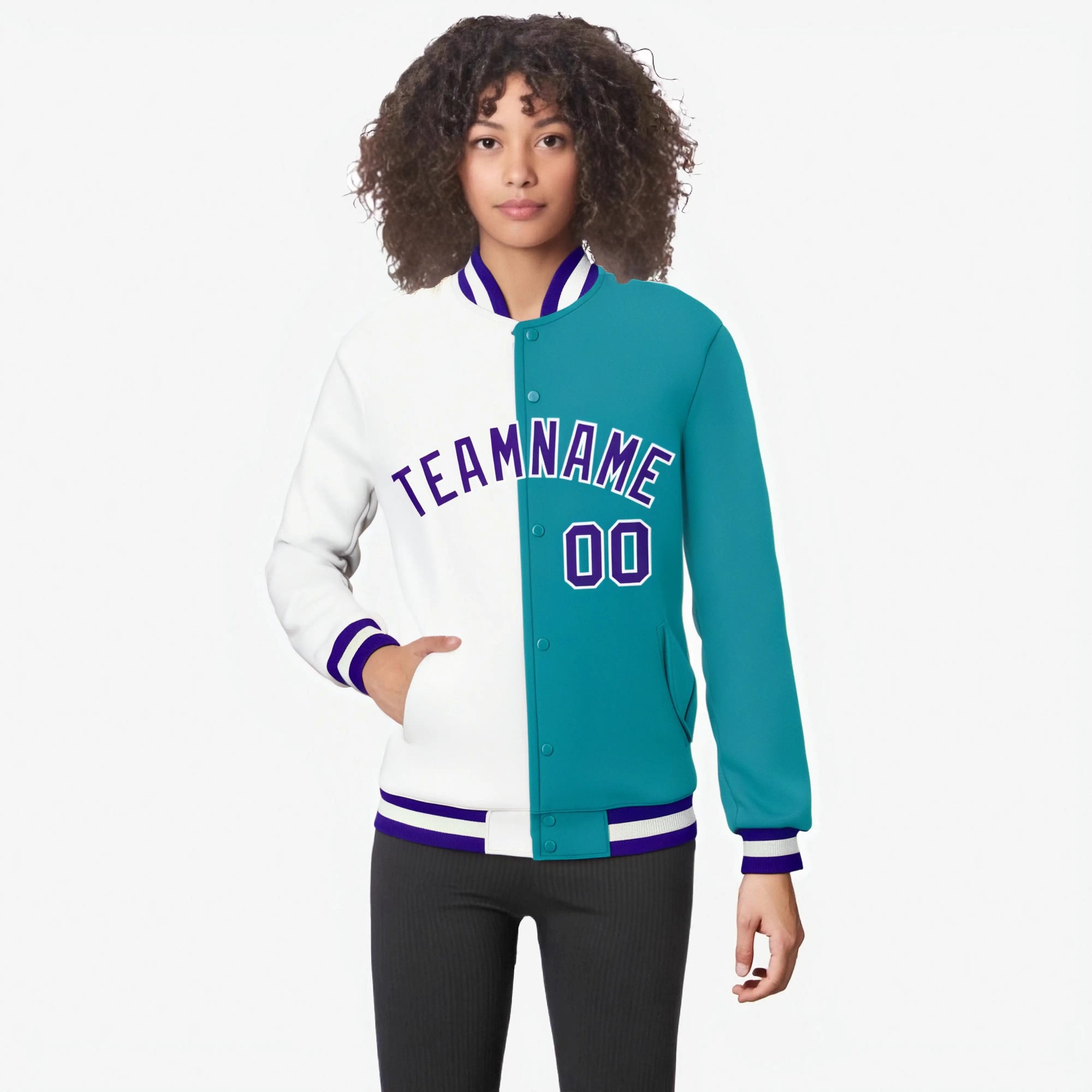 Custom White Aqua Purple Bomber Full-Snap Varsity Letterman Split Fashion Jacket